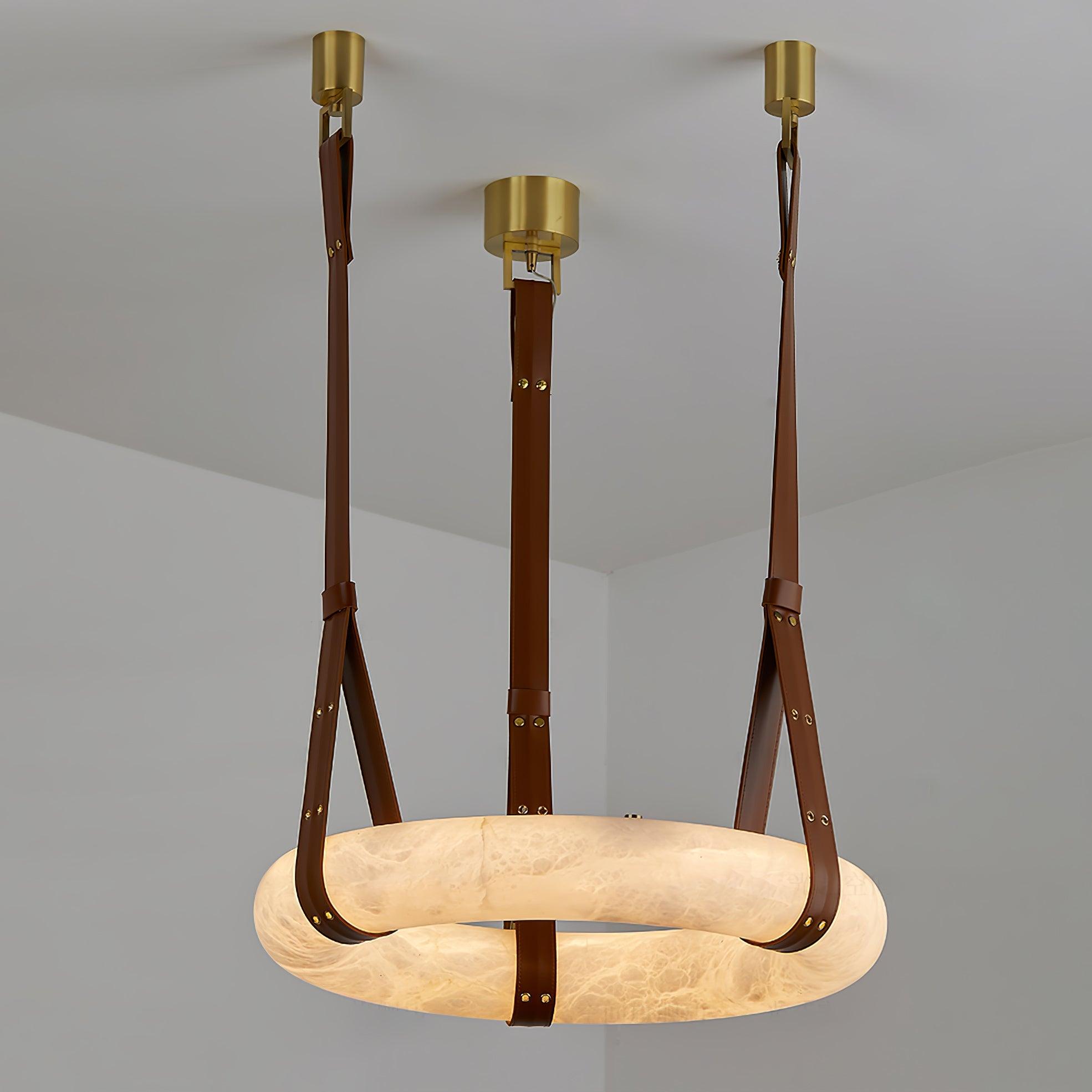 Aira Suspension Lampe Anneau en albâtre Lanières en cuir Luxe scandinave