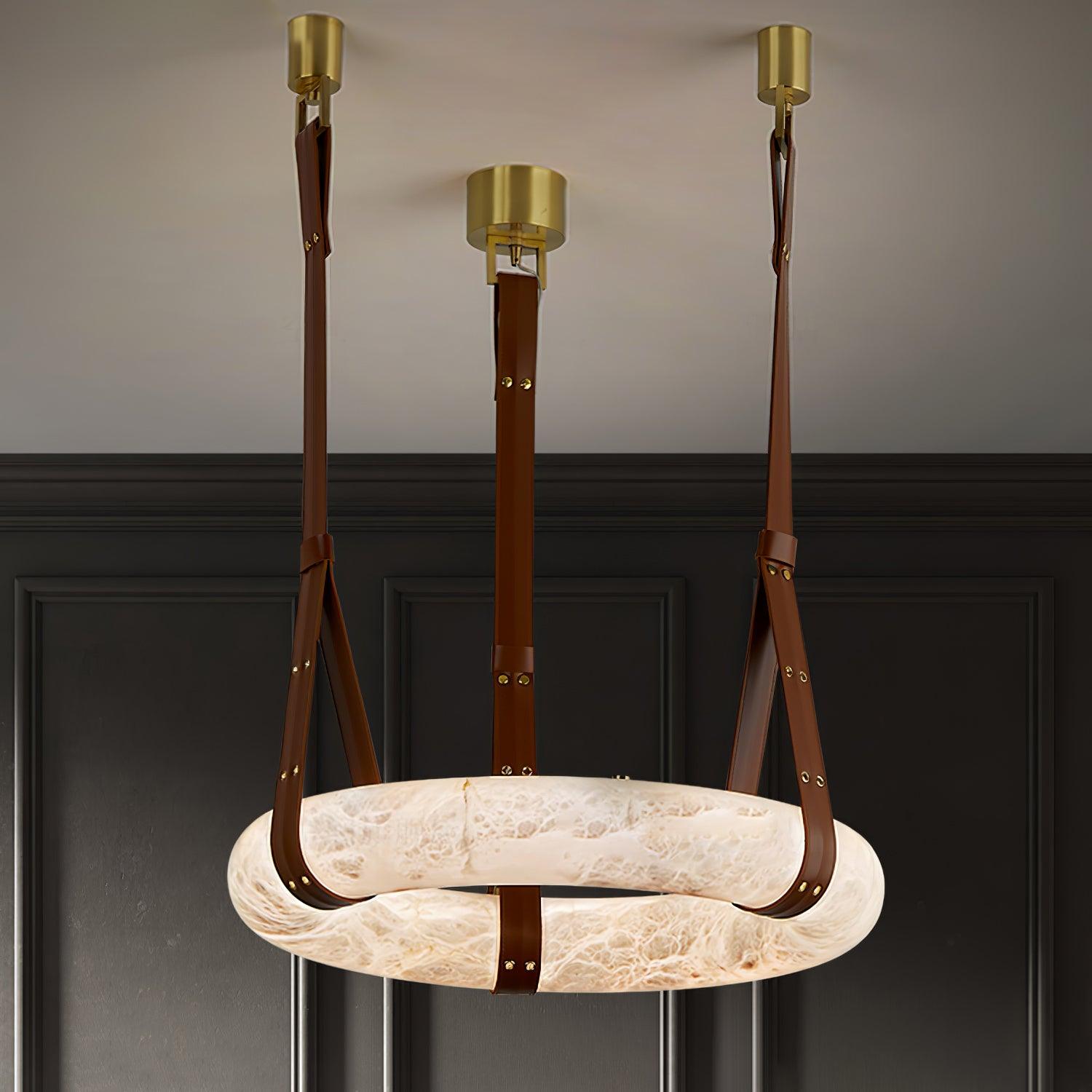 Aira Suspension Lampe Anneau en albâtre Lanières en cuir Luxe scandinave