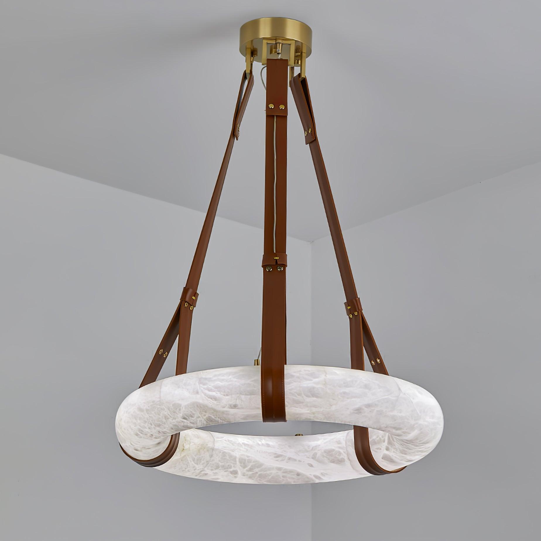 Aira Suspension Lampe Anneau en albâtre Lanières en cuir Luxe scandinave