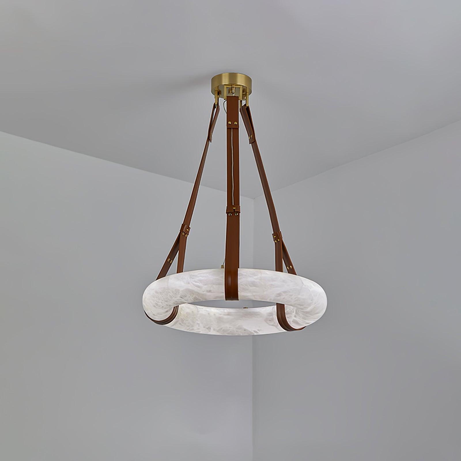 Aira Suspension Lampe Anneau en albâtre Lanières en cuir Luxe scandinave