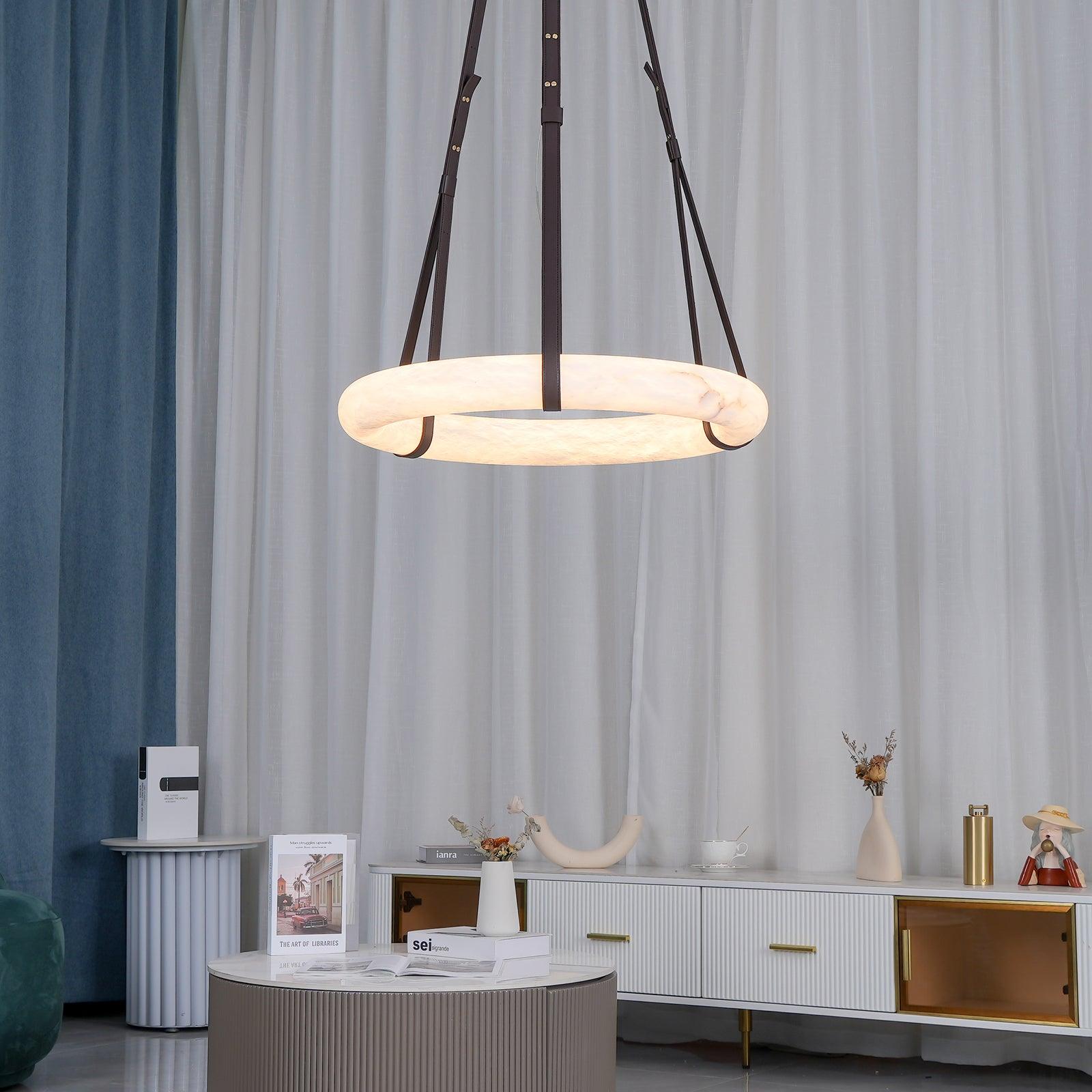 Aira Suspension Lampe Anneau en albâtre Lanières en cuir Luxe scandinave