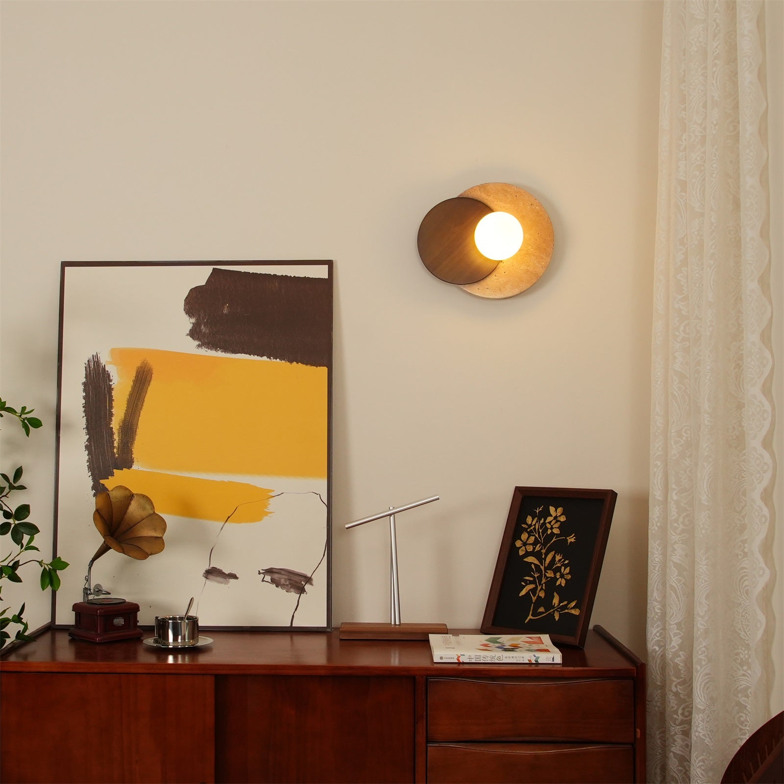 Virelli Applique Murale Disques Superposés en Travertin Bois de Noyer Scandinave