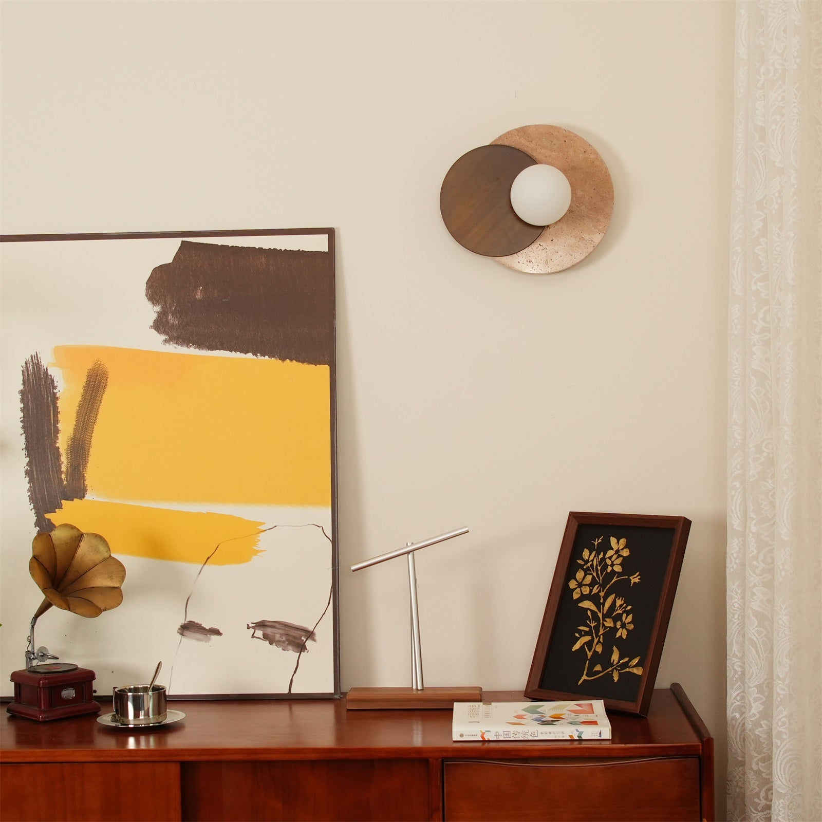 Virelli Applique Murale Disques Superposés en Travertin Bois de Noyer Scandinave