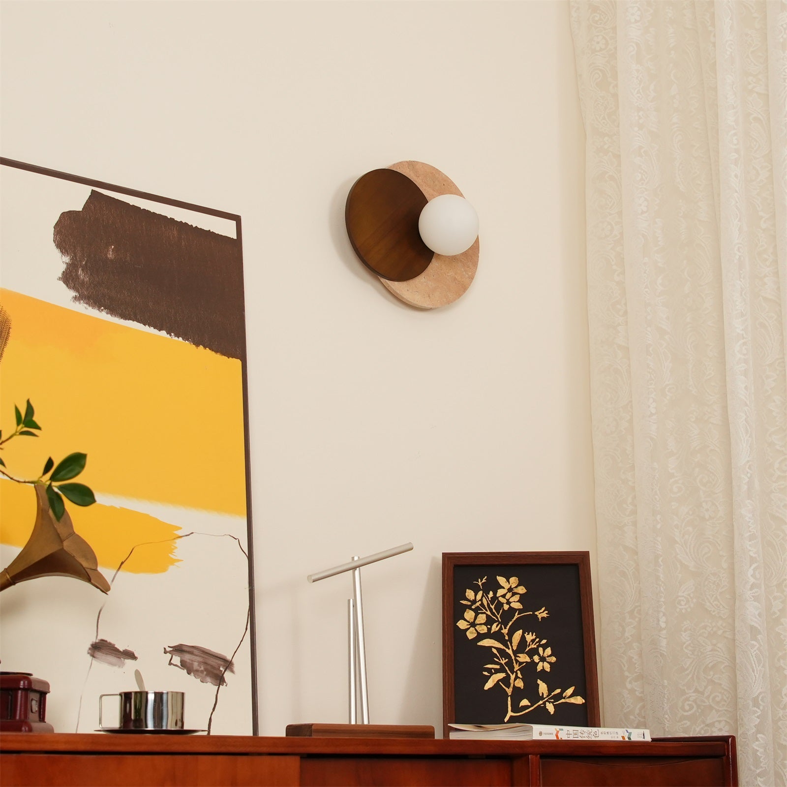 Virelli Applique Murale Disques Superposés en Travertin Bois de Noyer Scandinave