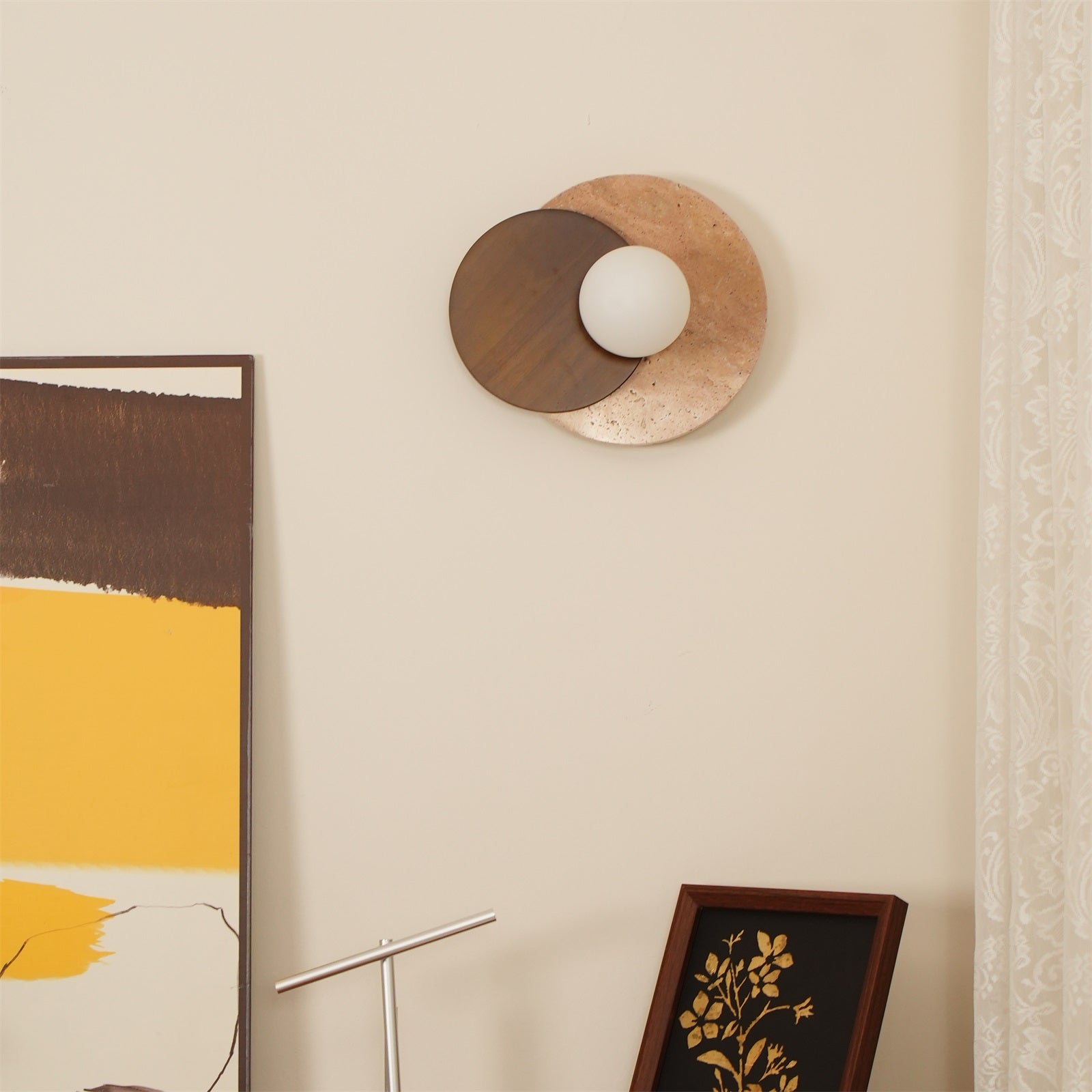 Virelli Applique Murale Disques Superposés en Travertin Bois de Noyer Scandinave
