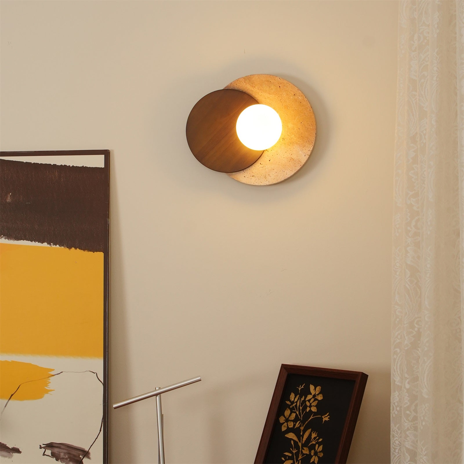 Virelli Applique Murale Disques Superposés en Travertin Bois de Noyer Scandinave