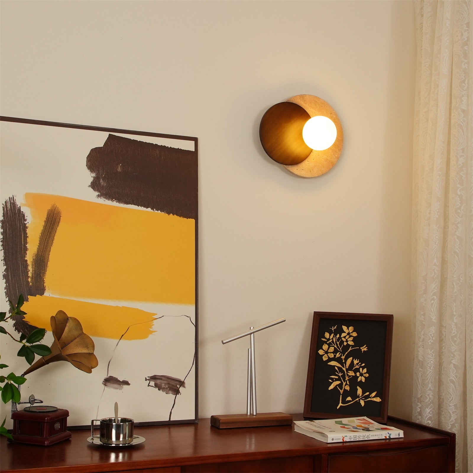 Virelli Applique Murale Disques Superposés en Travertin Bois de Noyer Scandinave