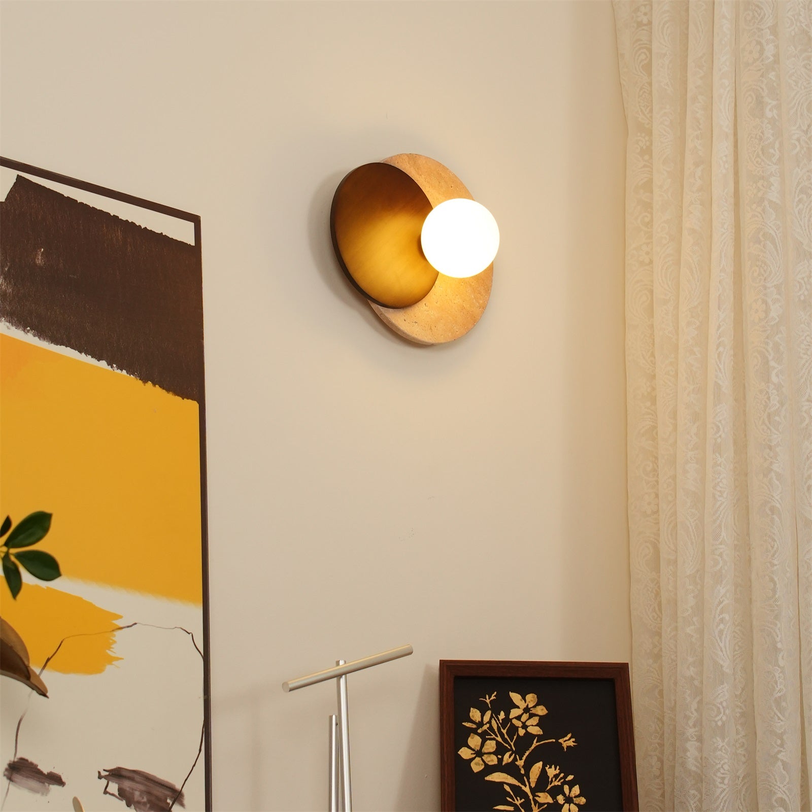 Virelli Applique Murale Disques Superposés en Travertin Bois de Noyer Scandinave