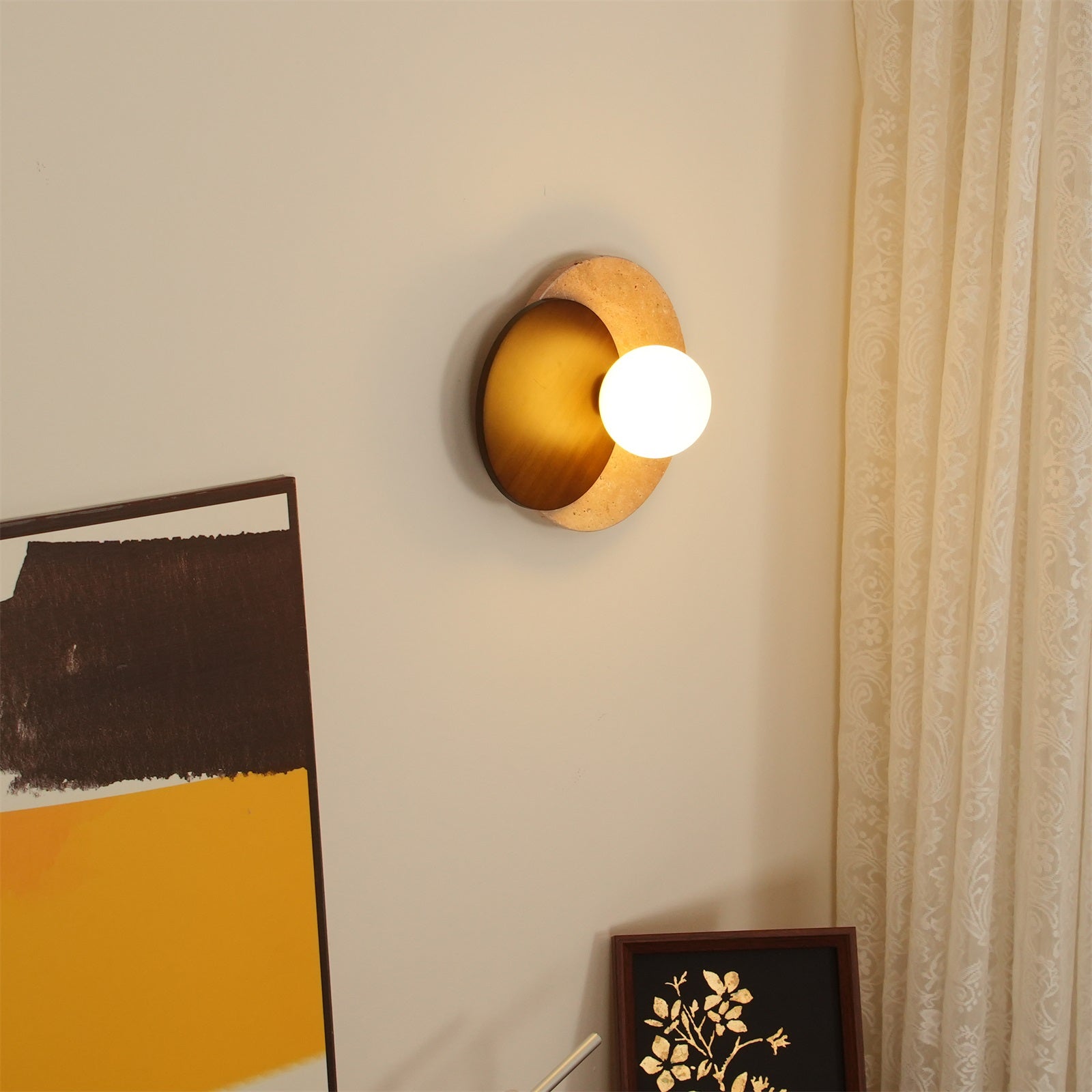 Virelli Applique Murale Disques Superposés en Travertin Bois de Noyer Scandinave