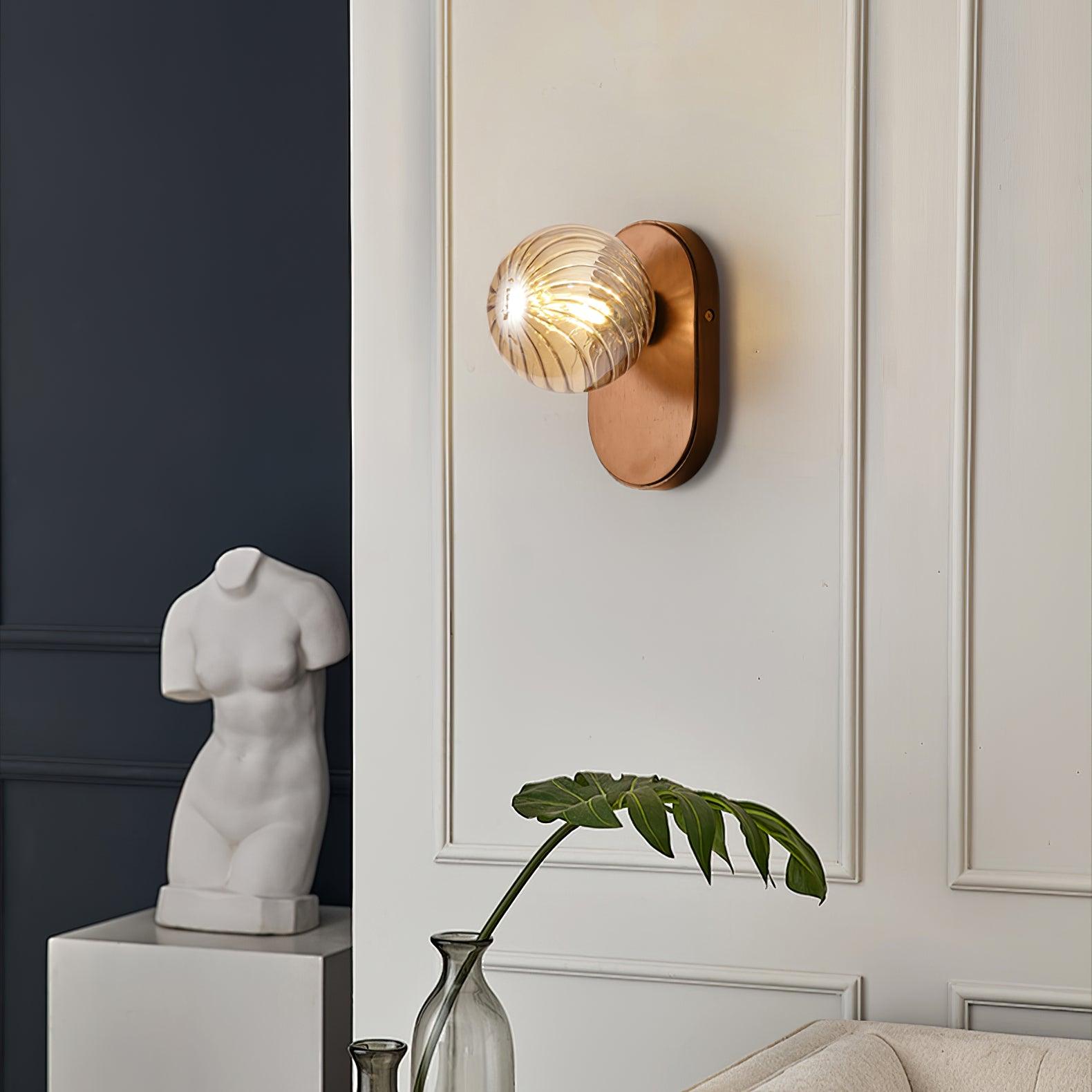 Applique Murale Bois Corps Ambre Verre Côtes Globe Moderne Accent