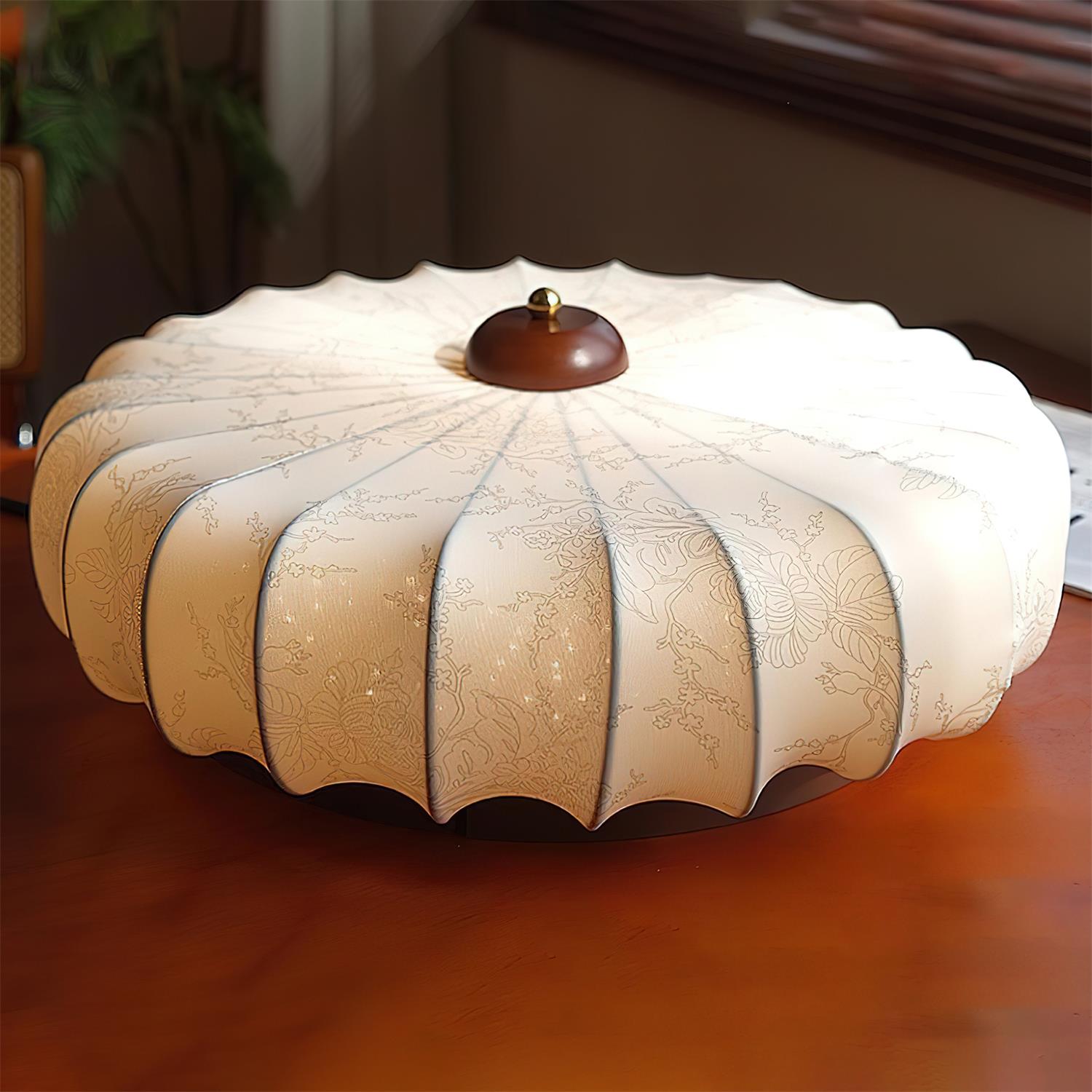 Plafonnier Tissu Ombre Plissé Lotus Forme Bois Baldaquin