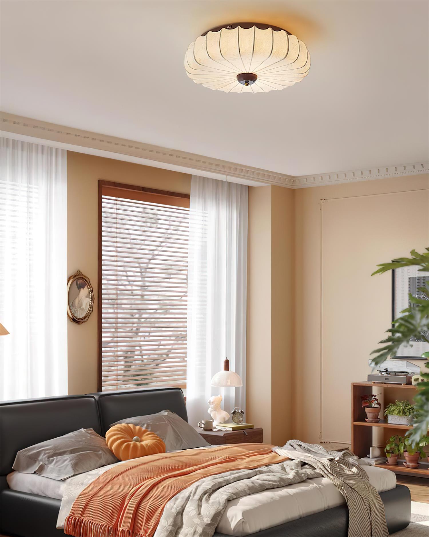 Plafonnier Tissu Ombre Plissé Lotus Forme Bois Baldaquin
