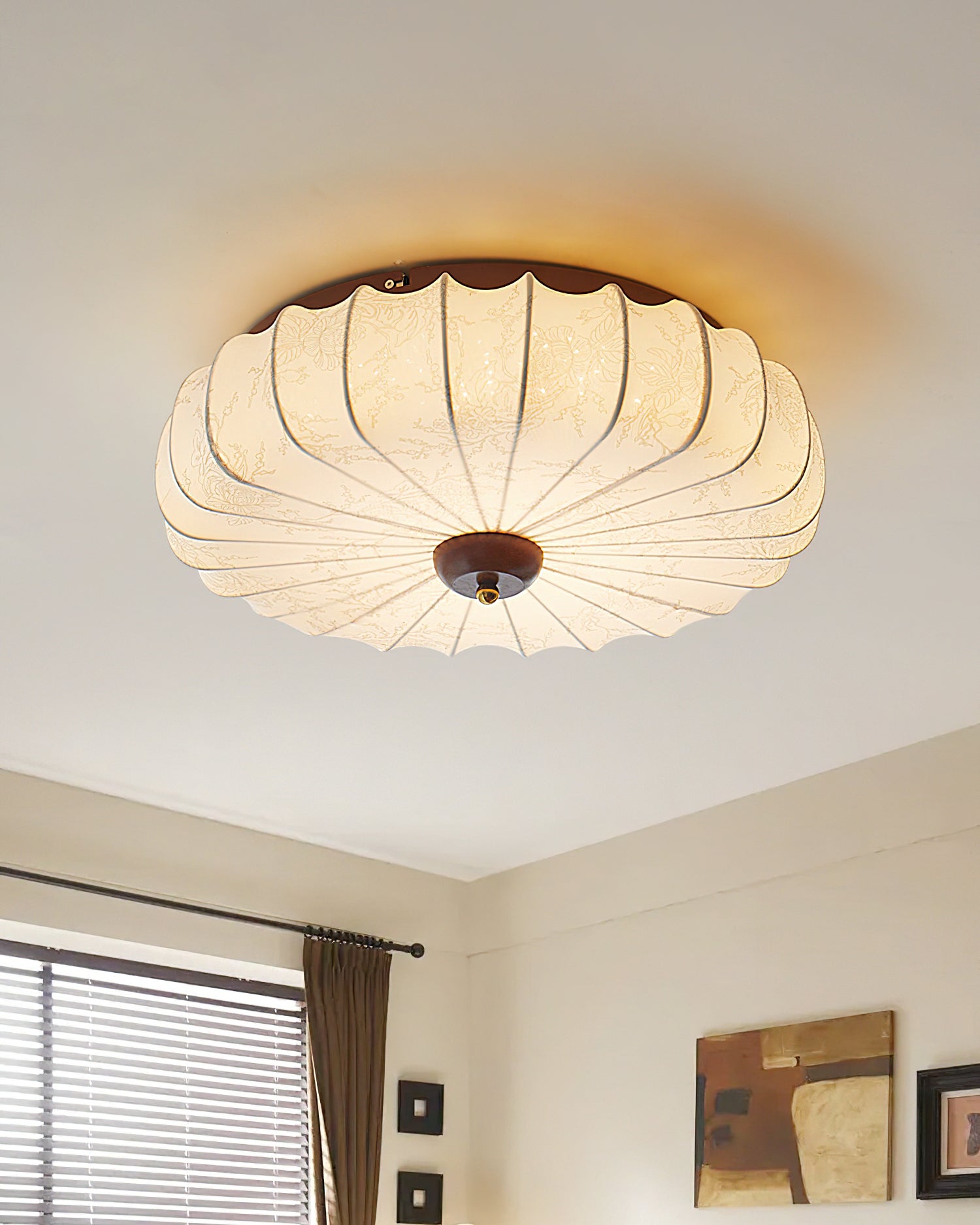 Plafonnier Tissu Ombre Plissé Lotus Forme Bois Baldaquin