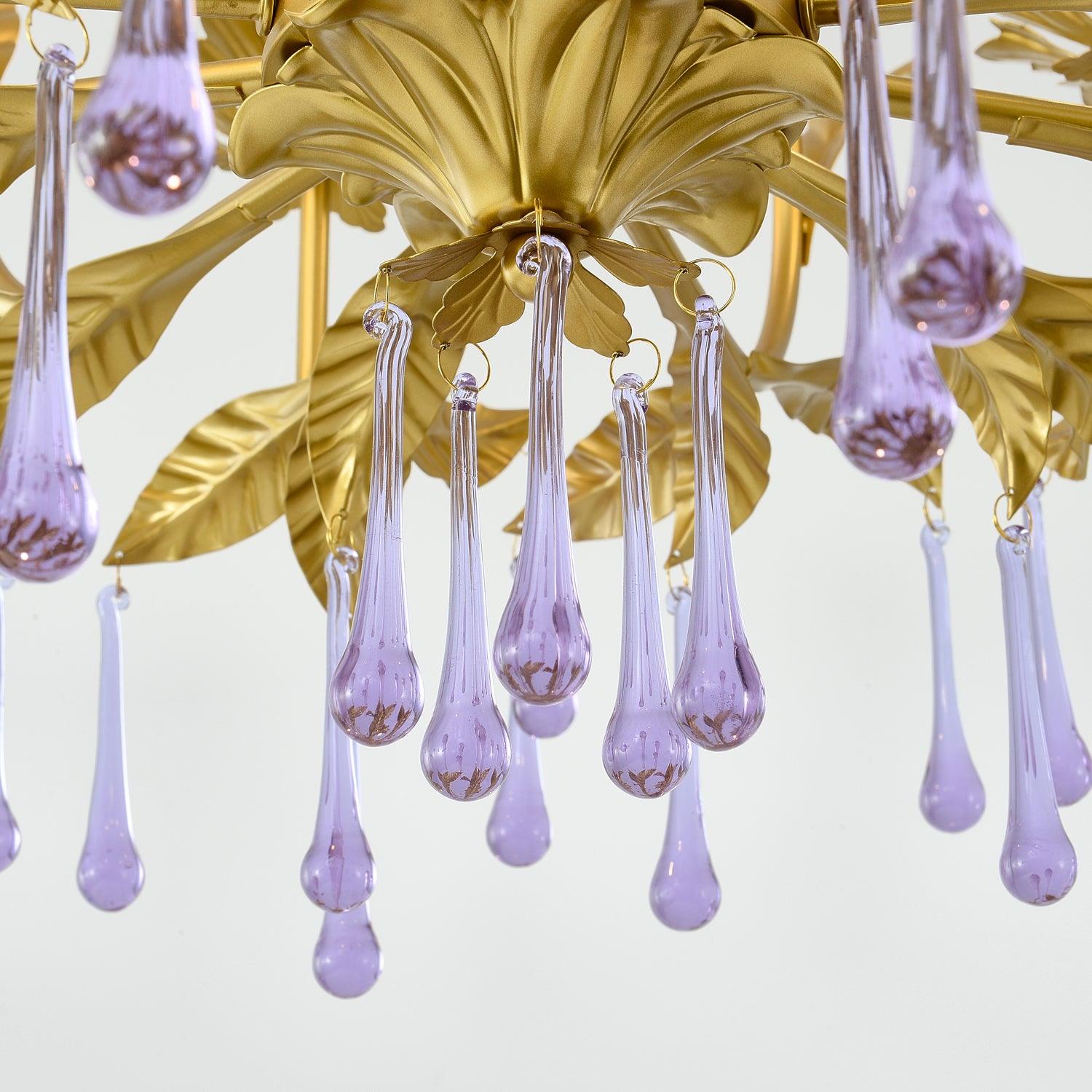 Lustra Lustre Murano Violet Feuilles Dorées Cristal Élégance