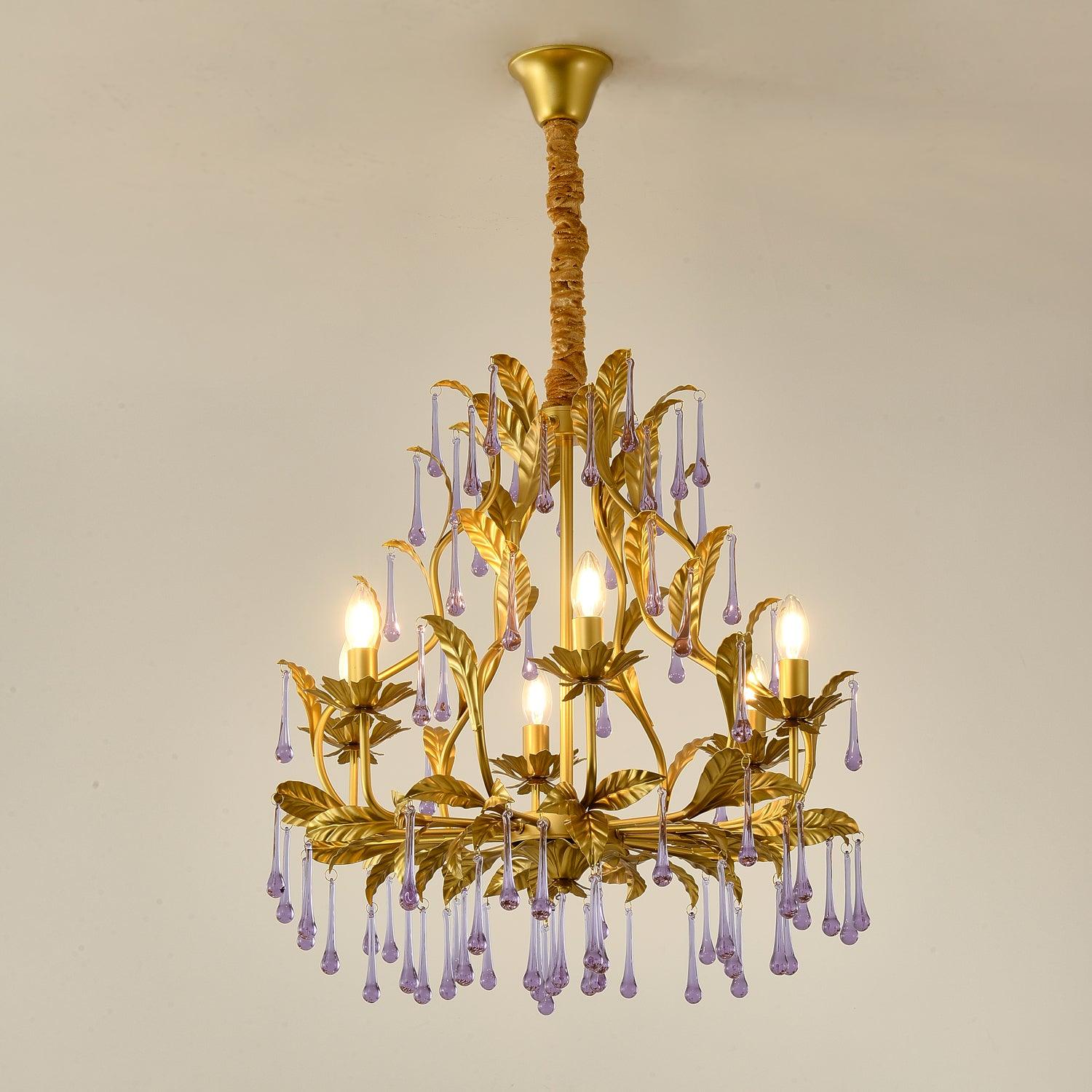 Murano Lustre Gouttes de Cristal Violet Feuilles Dorées