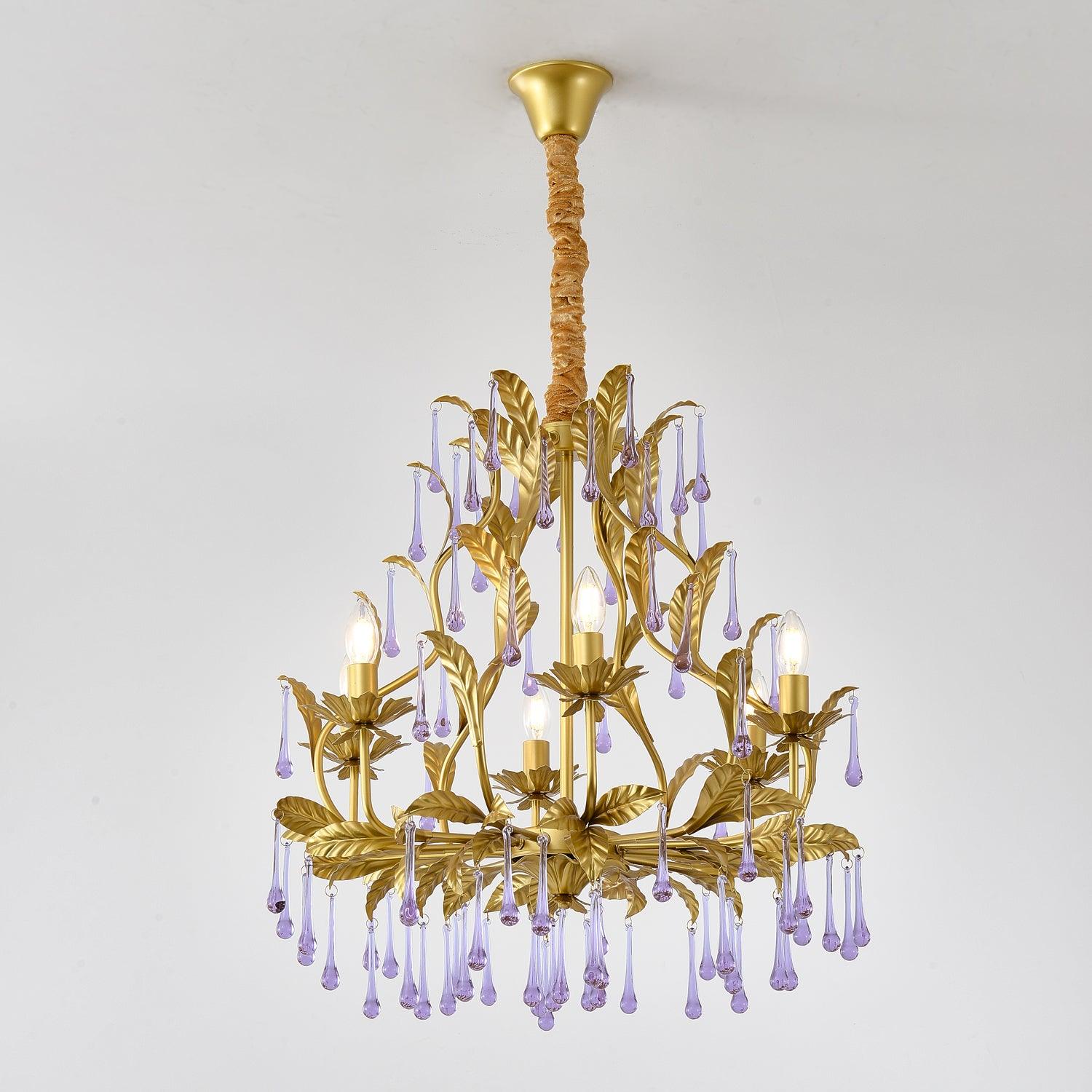 Murano Lustre Gouttes de Cristal Violet Feuilles Dorées