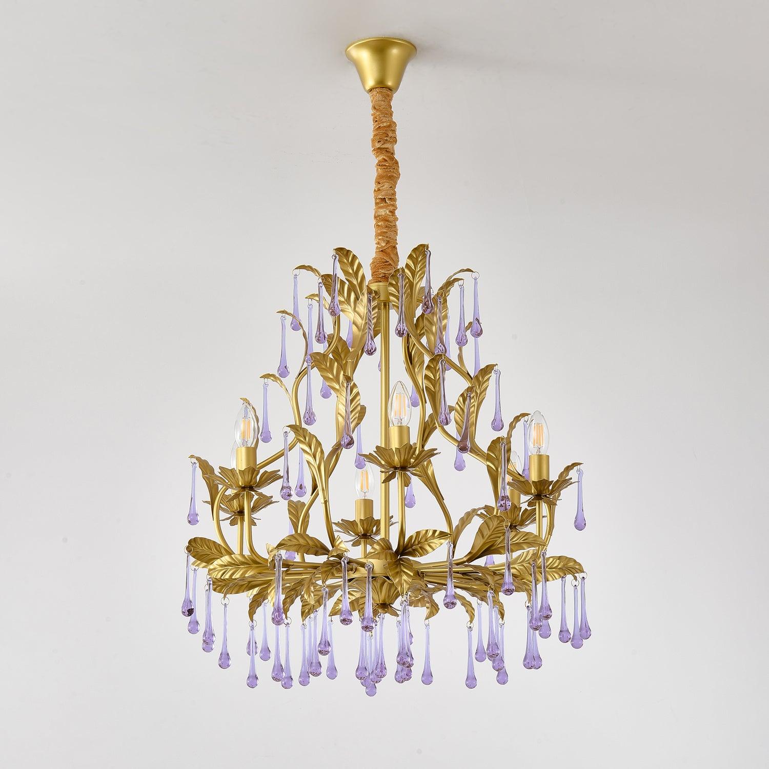 Murano Lustre Gouttes de Cristal Violet Feuilles Dorées