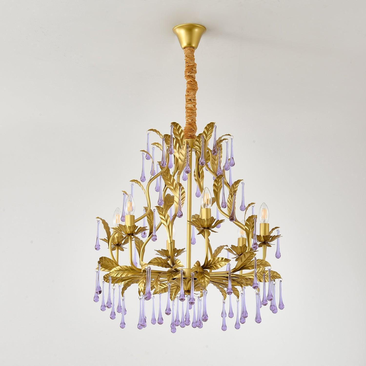 Murano Lustre Gouttes de Cristal Violet Feuilles Dorées