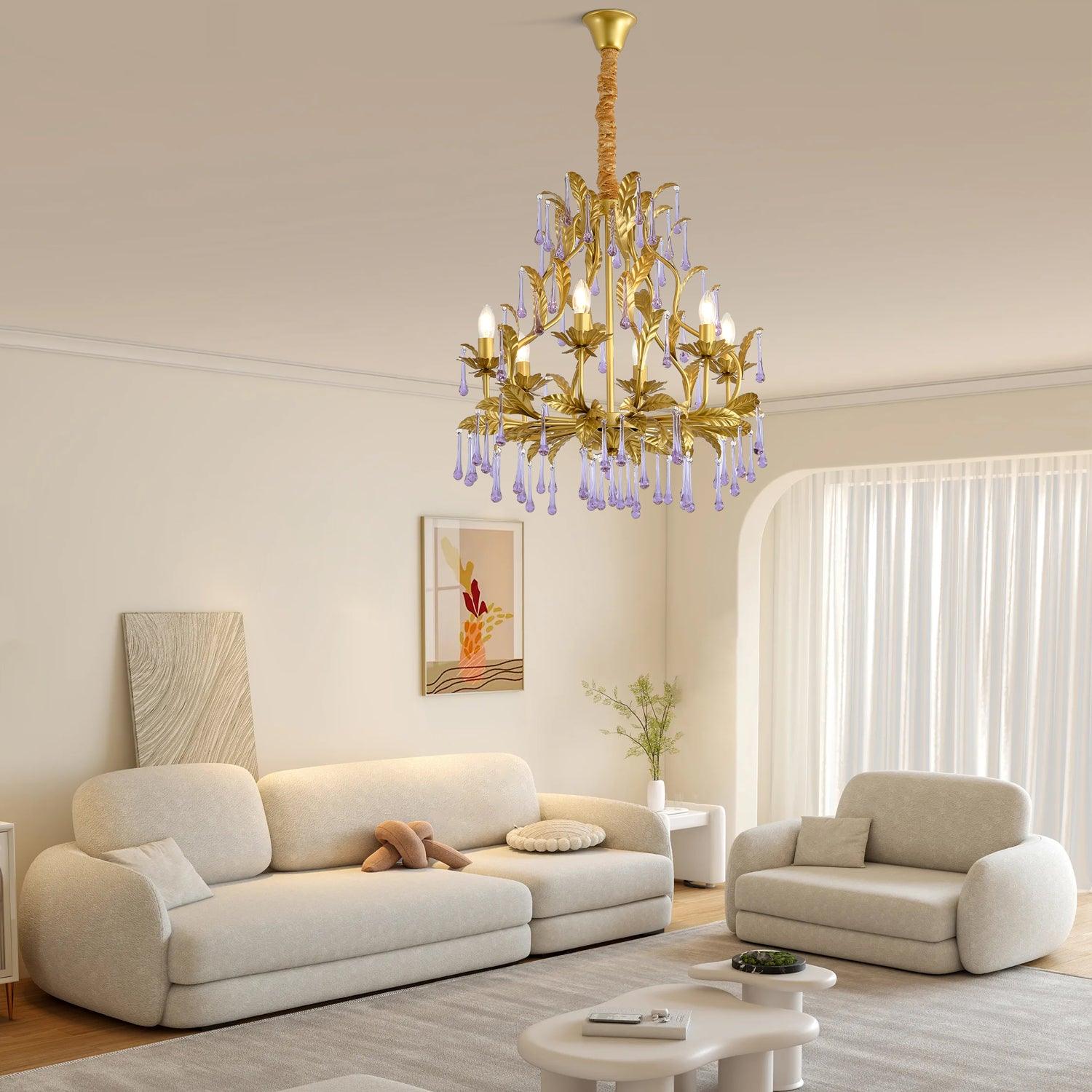 Lustra Lustre Murano Violet Feuilles Dorées Cristal Élégance