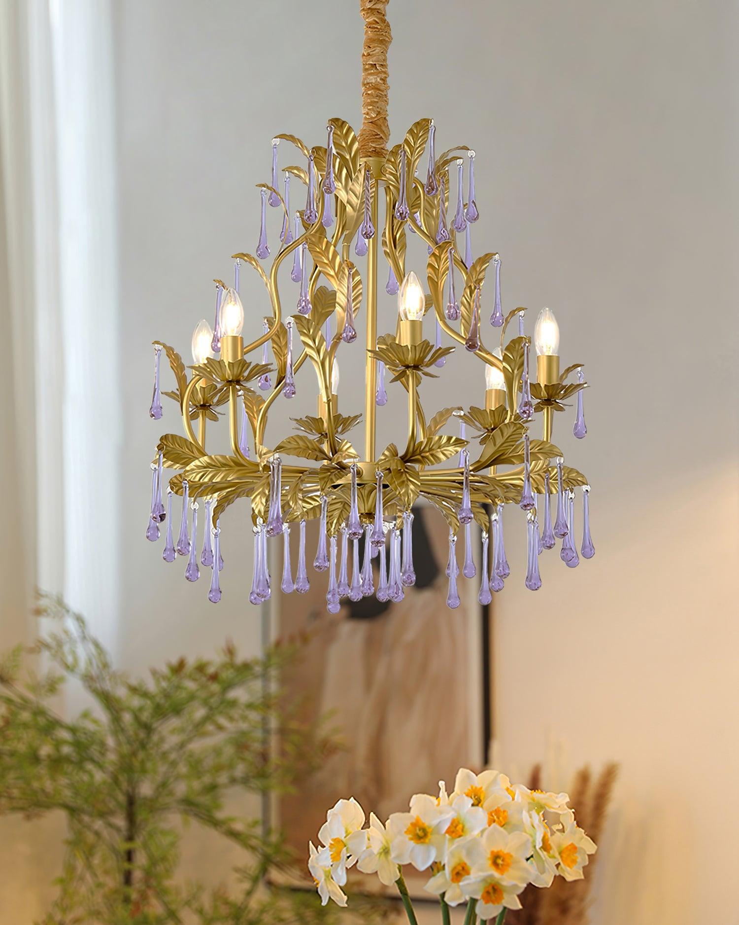Murano Lustre Gouttes de Cristal Violet Feuilles Dorées