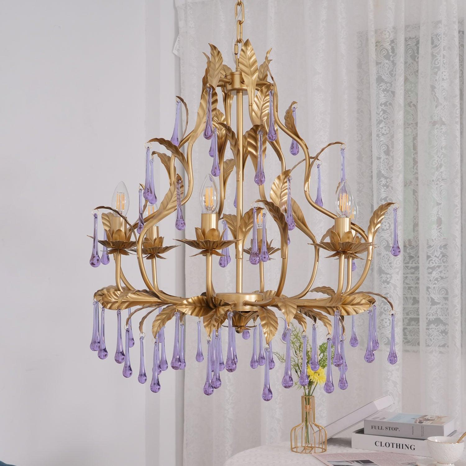 Murano Lustre Gouttes de Cristal Violet Feuilles Dorées