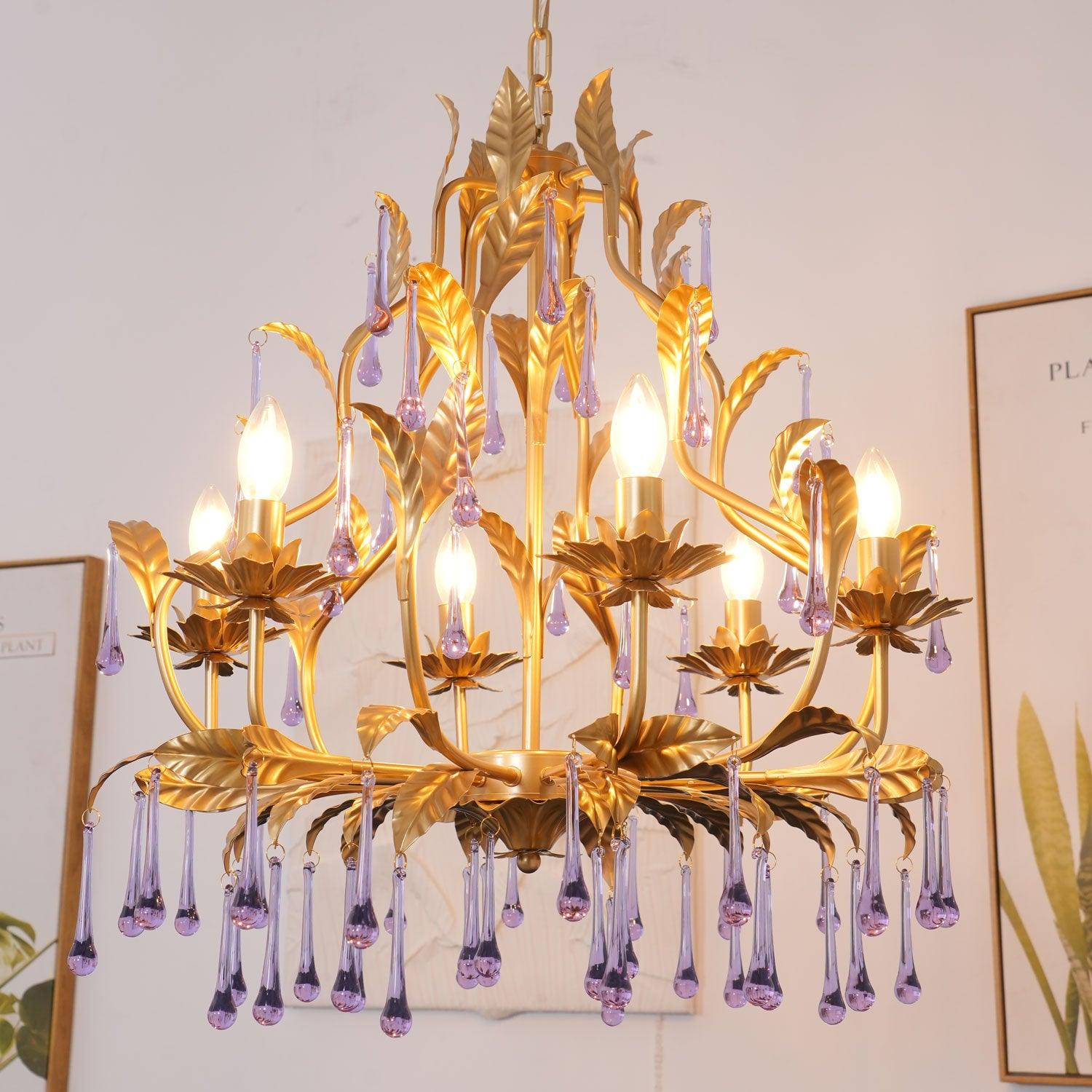 Lustra Lustre Murano Violet Feuilles Dorées Cristal Élégance