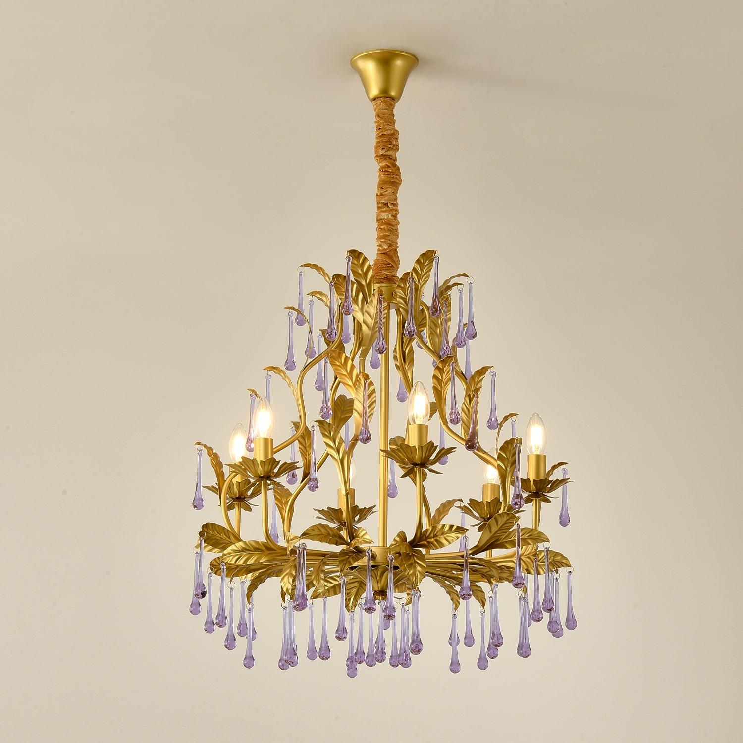 Murano Lustre Gouttes de Cristal Violet Feuilles Dorées