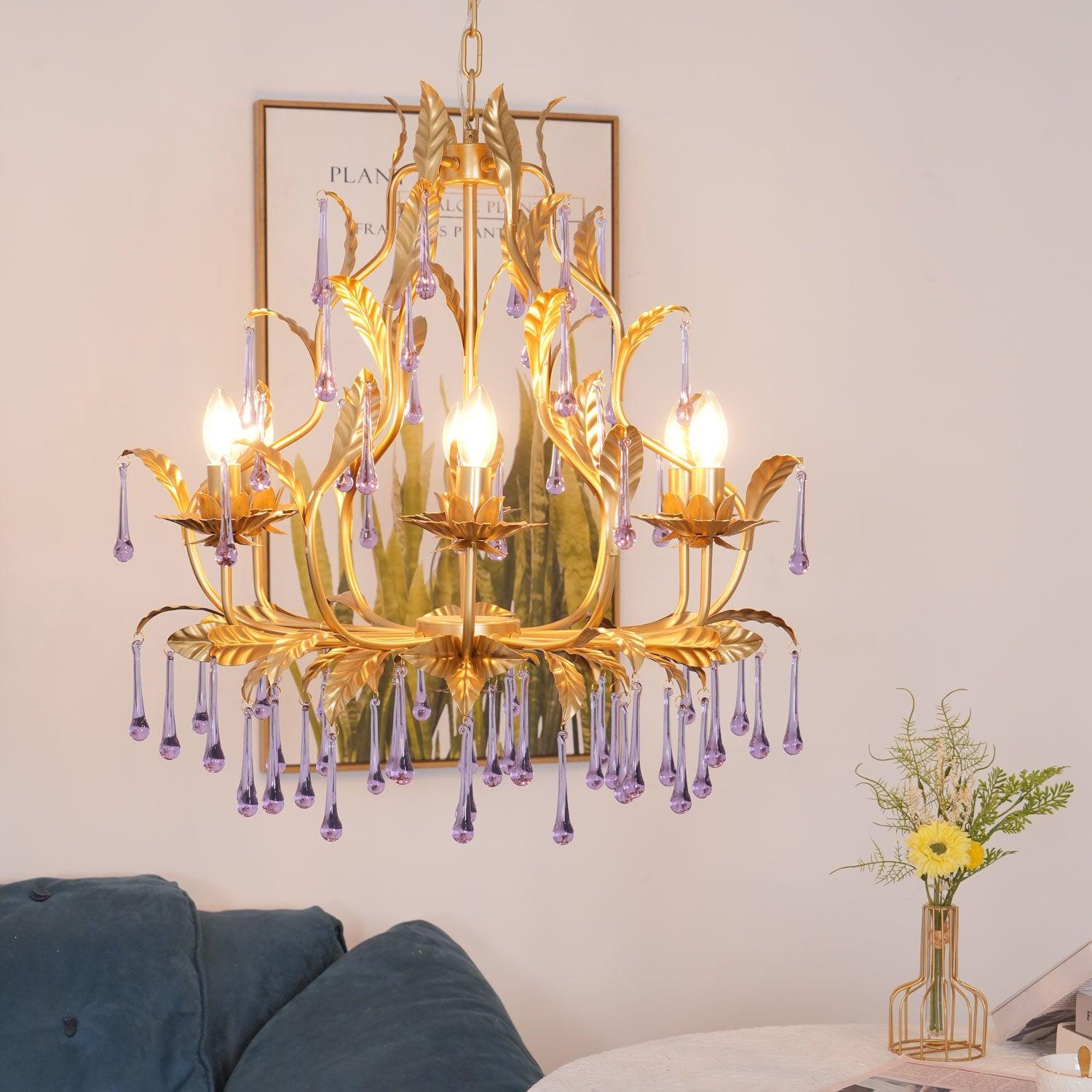 Lustra Lustre Murano Violet Feuilles Dorées Cristal Élégance