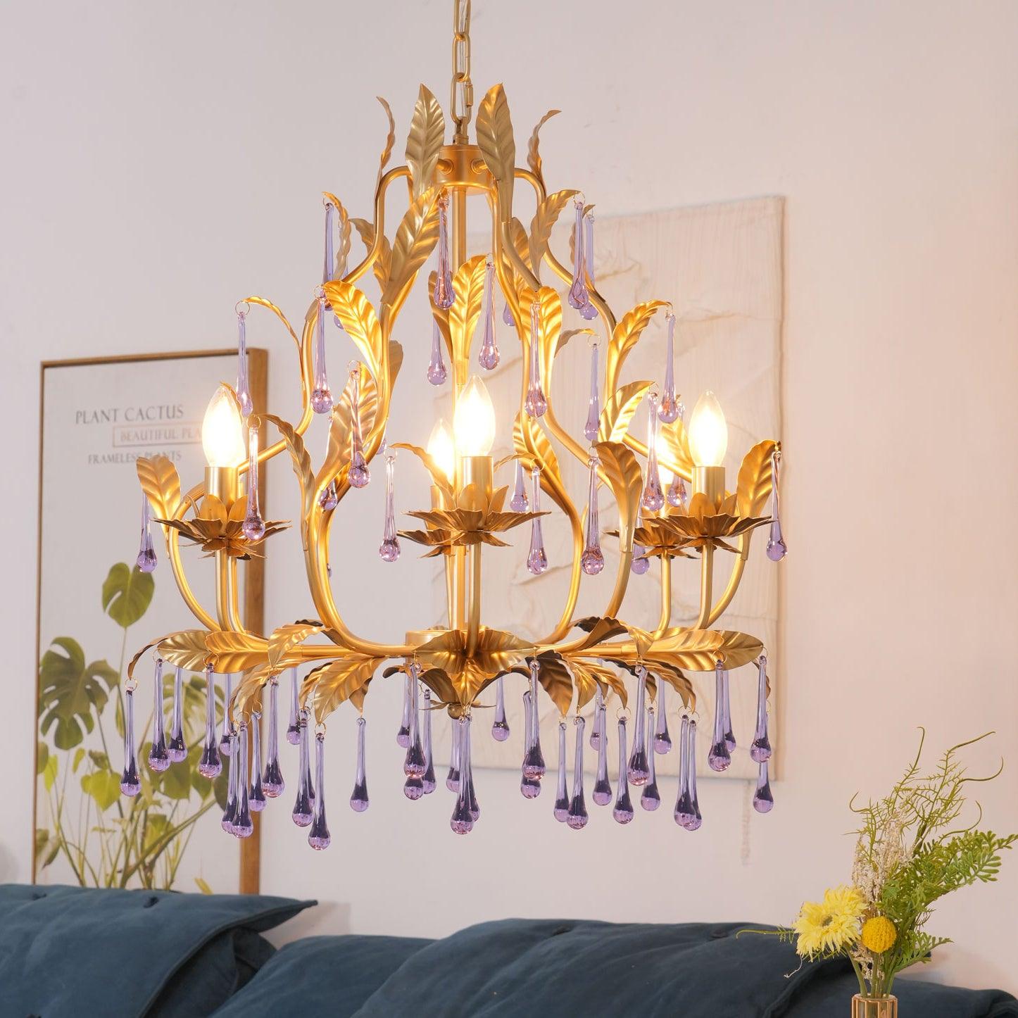Lustra Lustre Murano Violet Feuilles Dorées Cristal Élégance