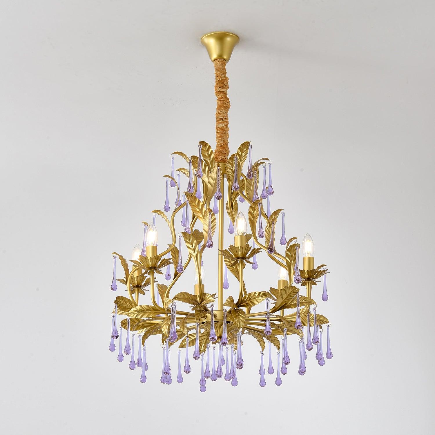 Murano Lustre Gouttes de Cristal Violet Feuilles Dorées