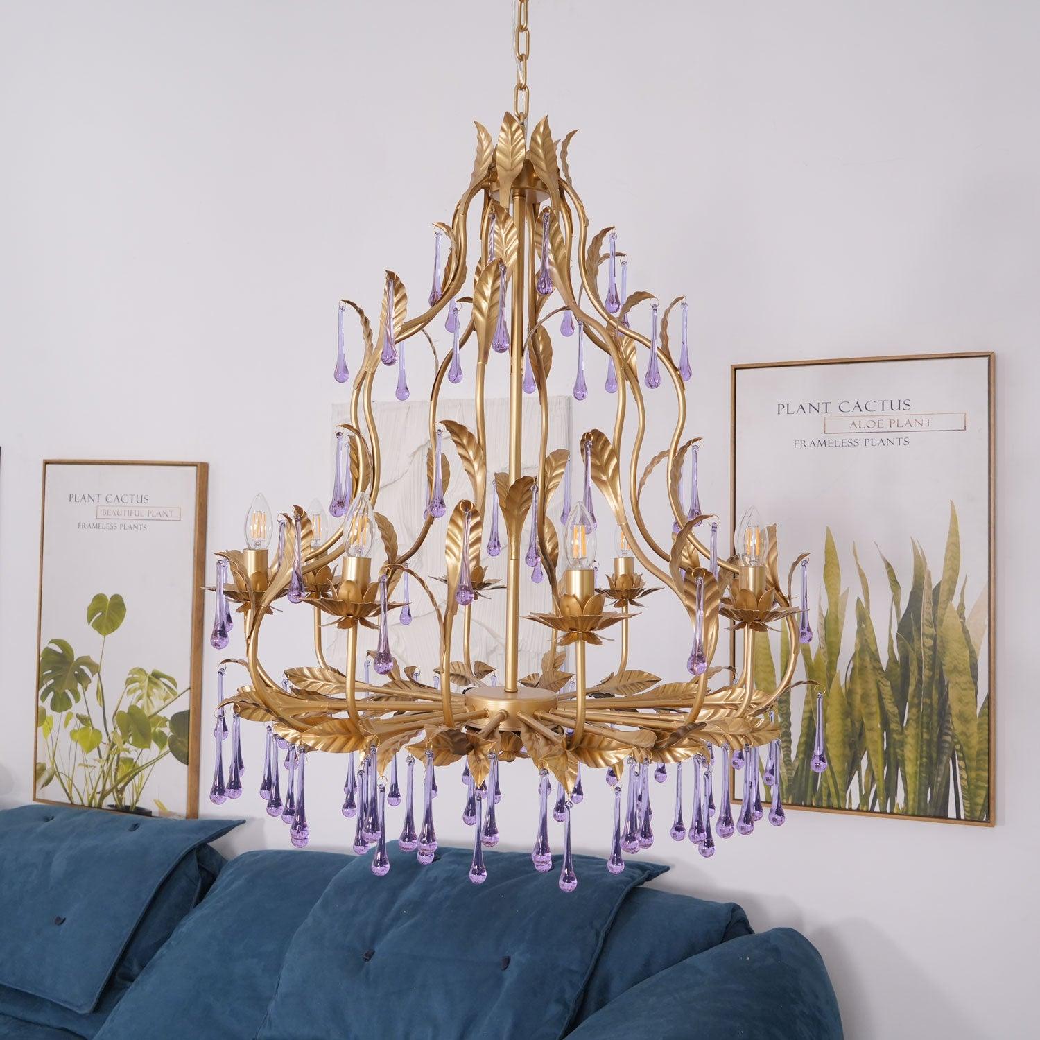 Murano Lustre Gouttes de Cristal Violet Feuilles Dorées