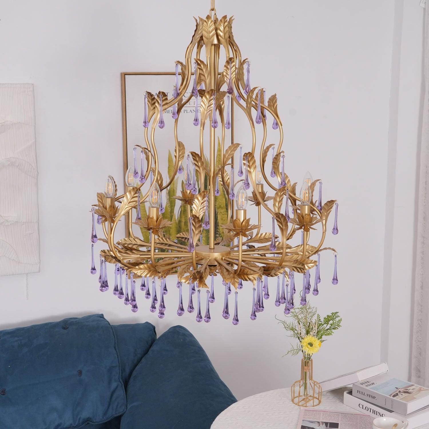 Murano Lustre Gouttes de Cristal Violet Feuilles Dorées