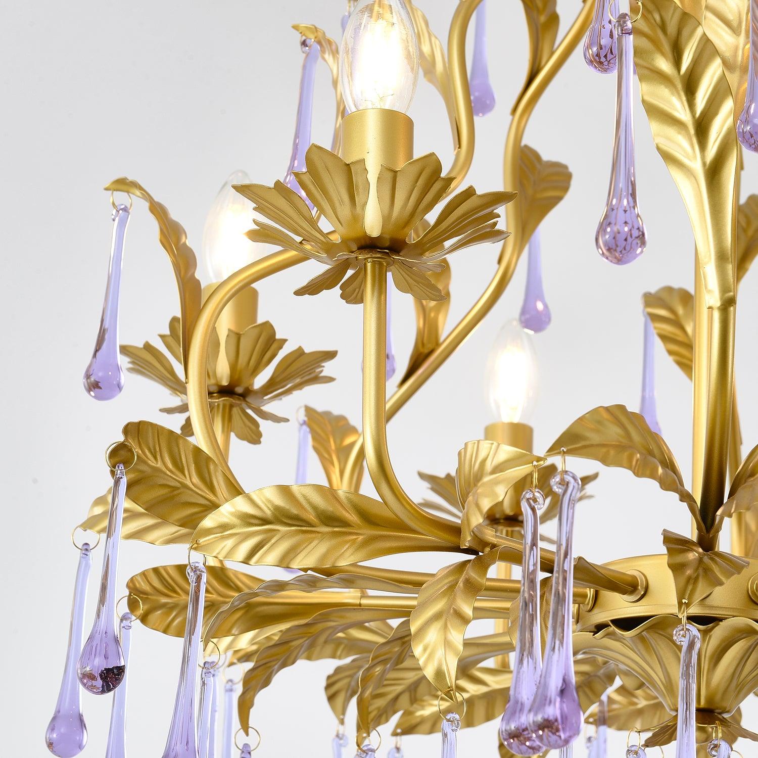 Murano Lustre Gouttes de Cristal Violet Feuilles Dorées