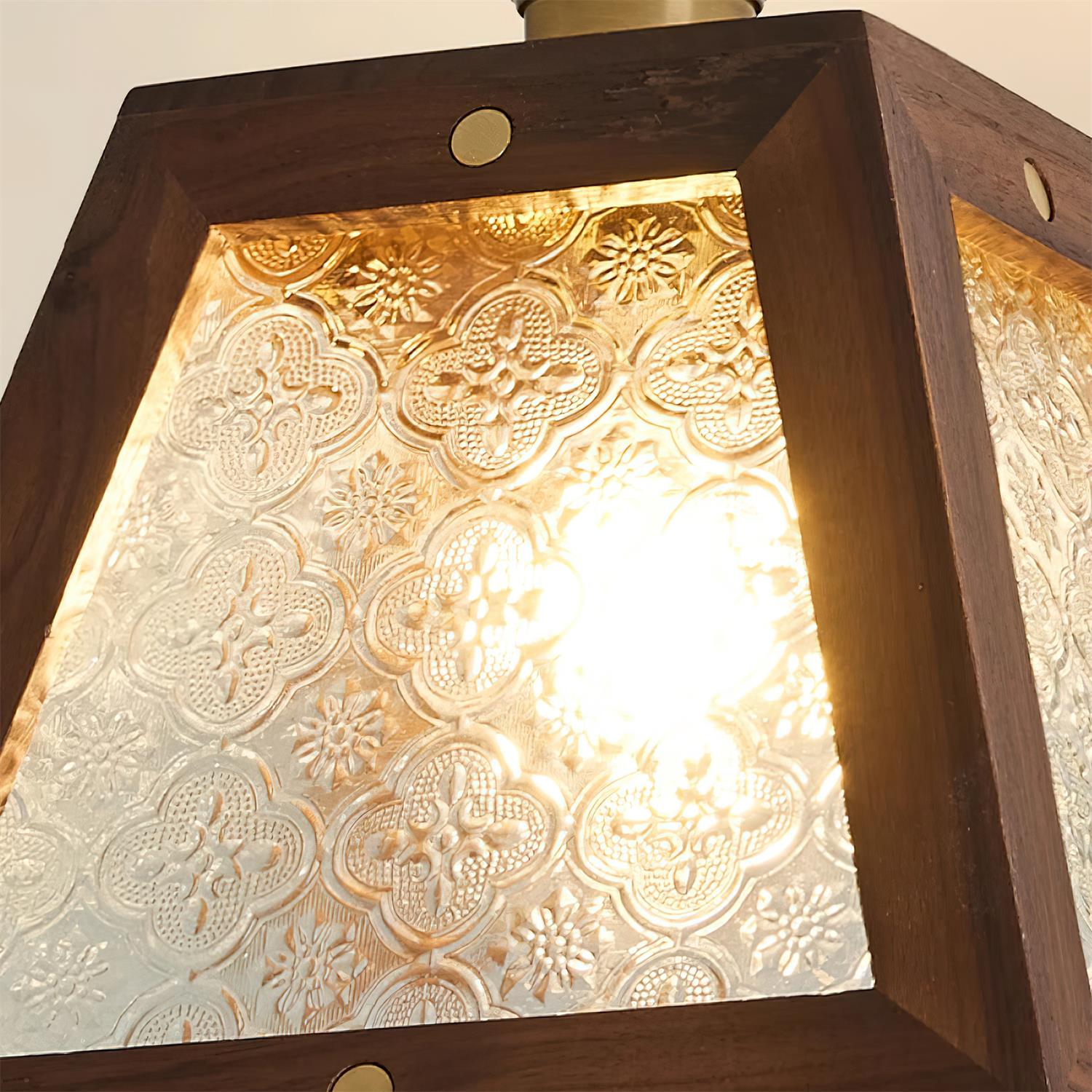 Radia Lustre Plafonnier Cadre en Bois Panneaux en Verre Géométriques