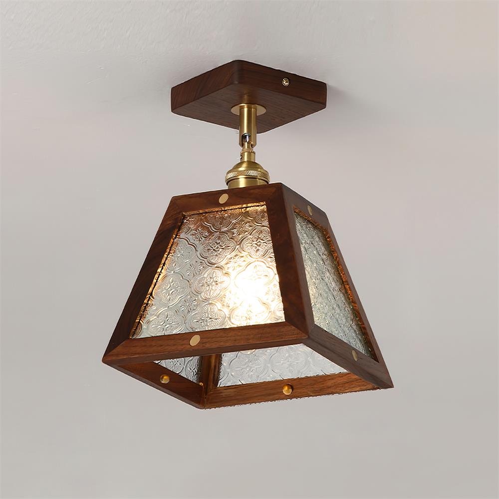 Radia Lustre Plafonnier Cadre en Bois Panneaux en Verre Géométriques