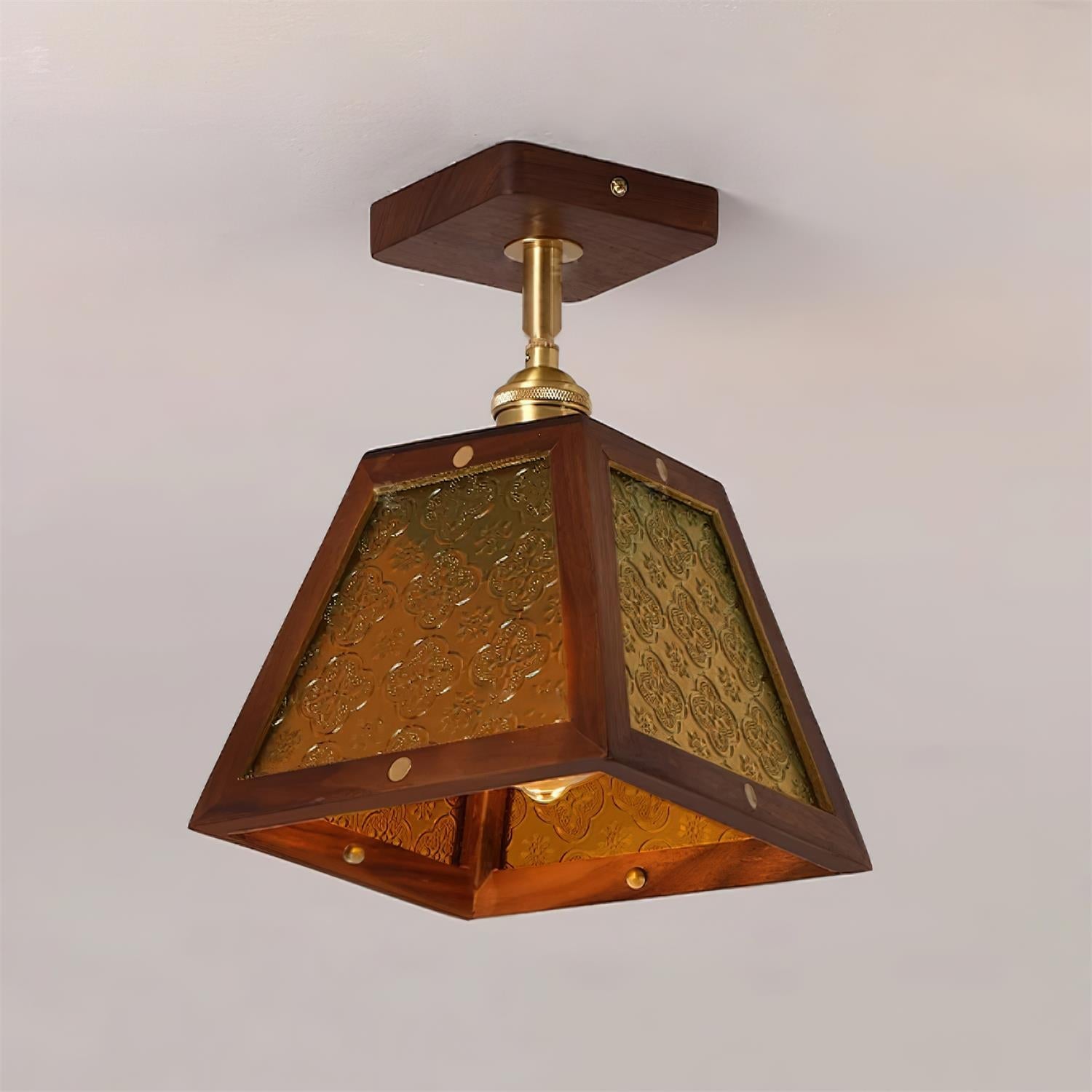 Radia Lustre Plafonnier Cadre en Bois Panneaux en Verre Géométriques