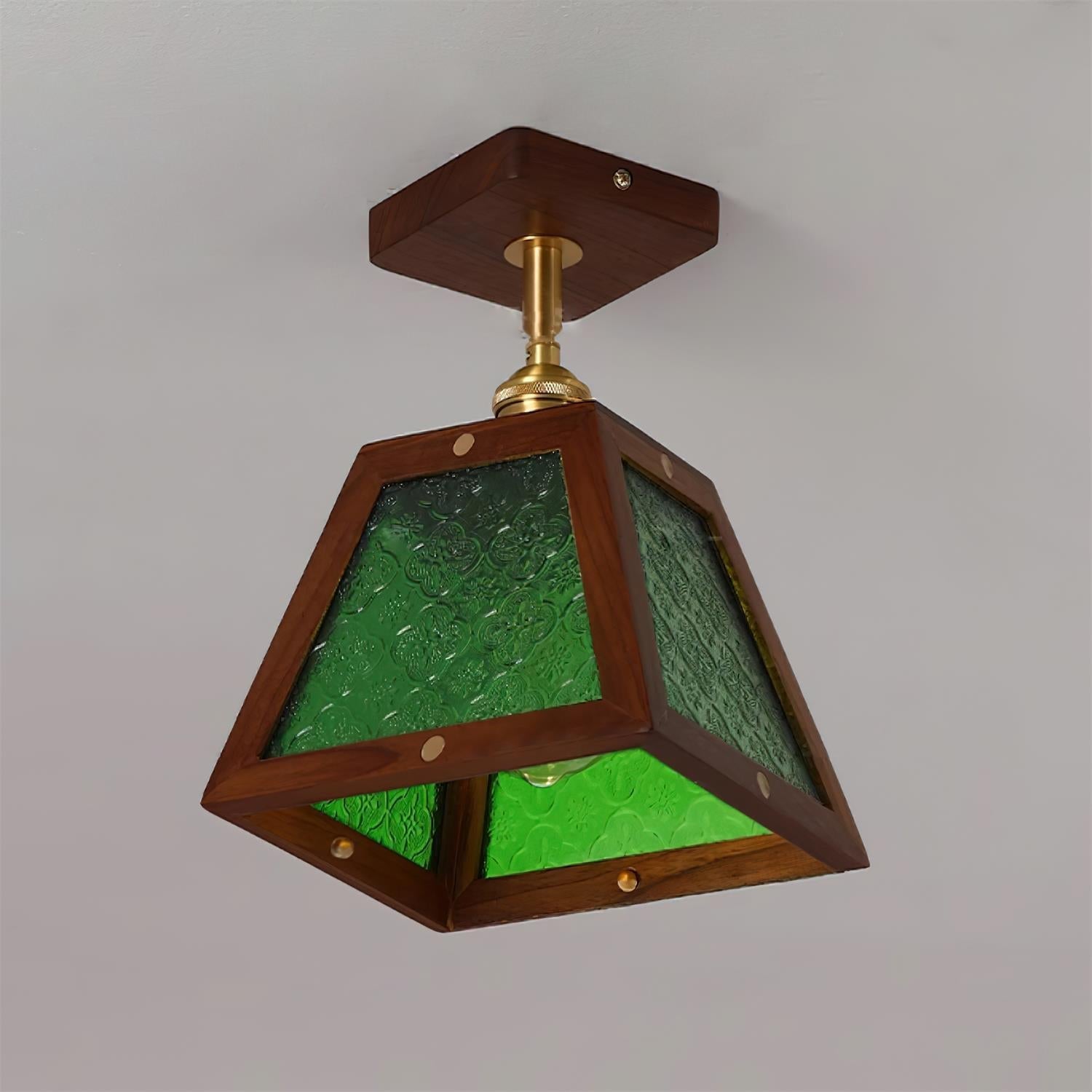 Radia Lustre Plafonnier Cadre en Bois Panneaux en Verre Géométriques