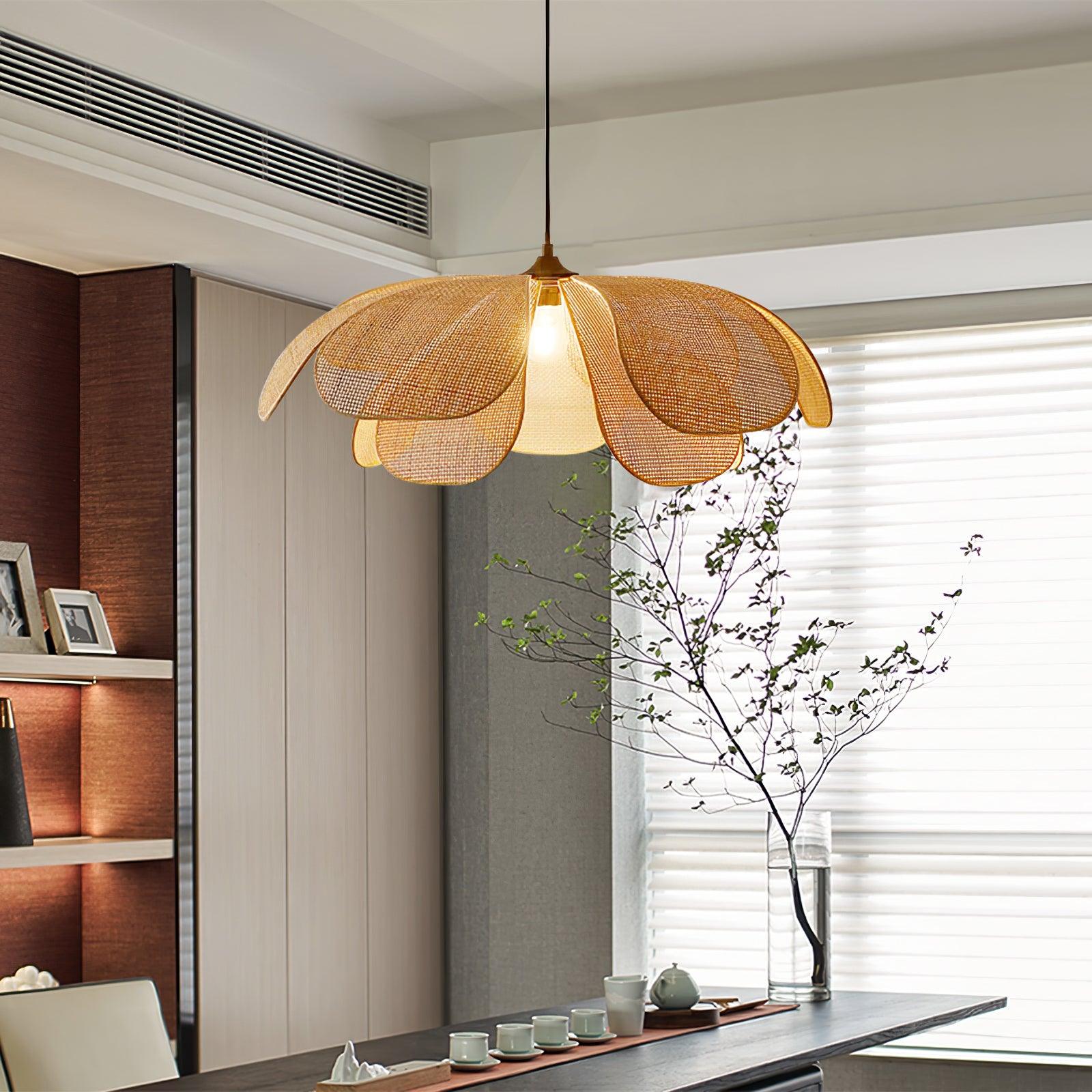 Eloria Lustra Lampe Suspendue Rattan Forme Pétale Élégante