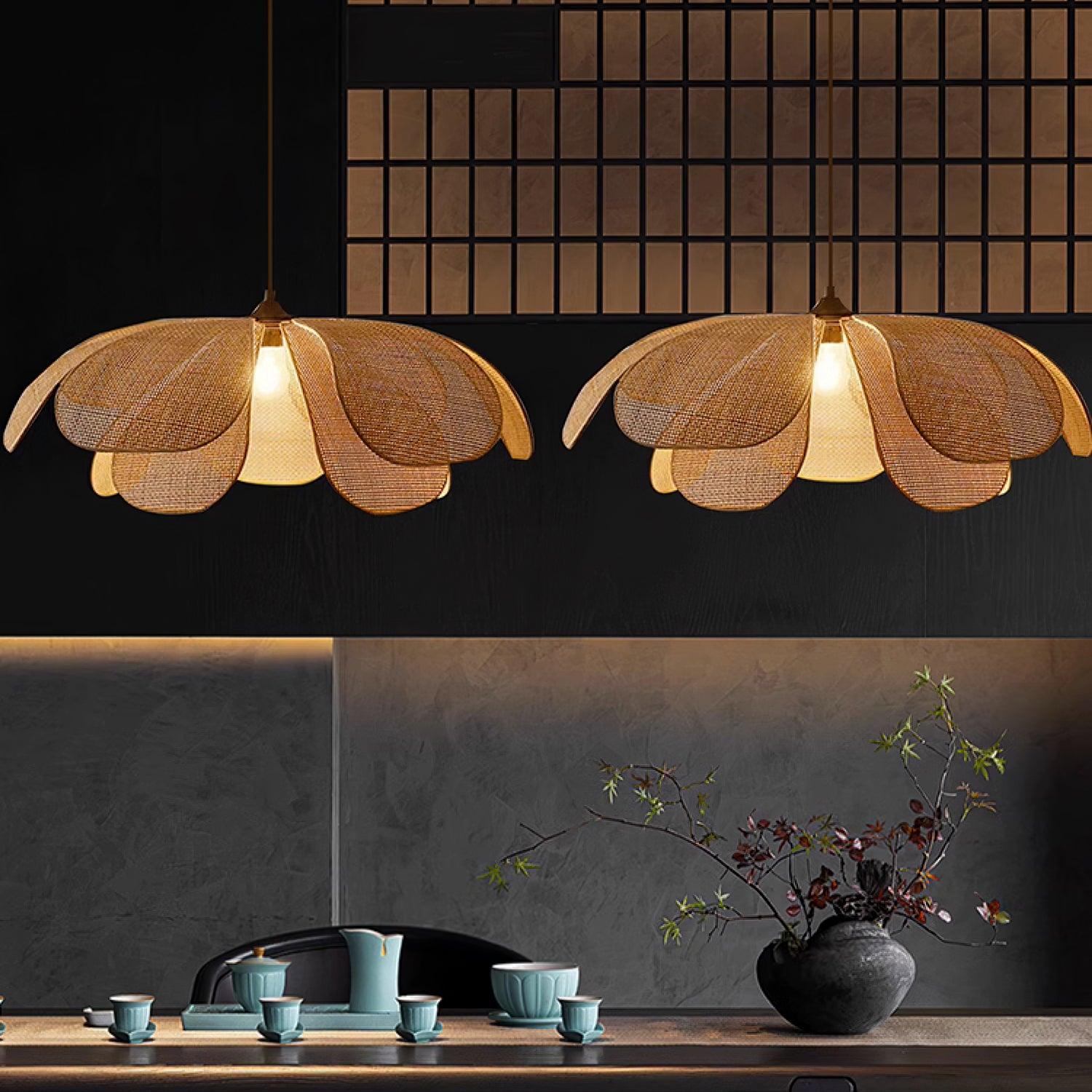 Eloria Lustra Lampe Suspendue Rattan Forme Pétale Élégante