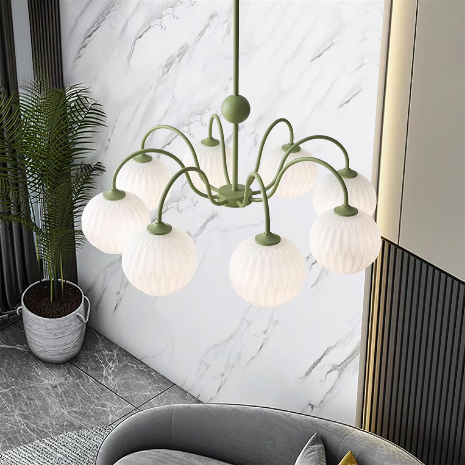 Lustra Lustre Moderne à 8 Lumières en Verre Ridé Vert