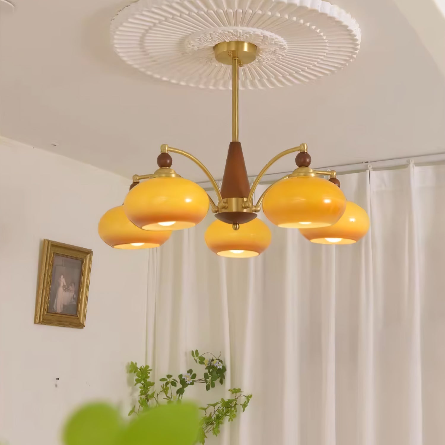 Lustra Suspension Rétro en Verre Jaune et Laiton