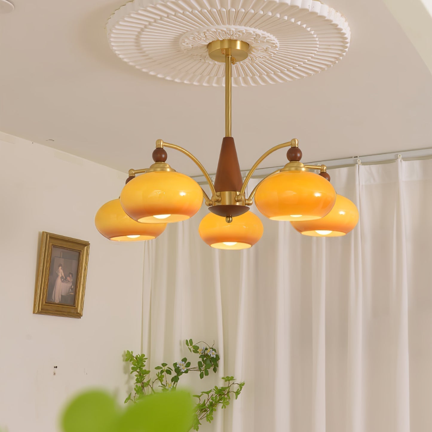 Lustra Suspension Rétro en Verre Jaune et Laiton