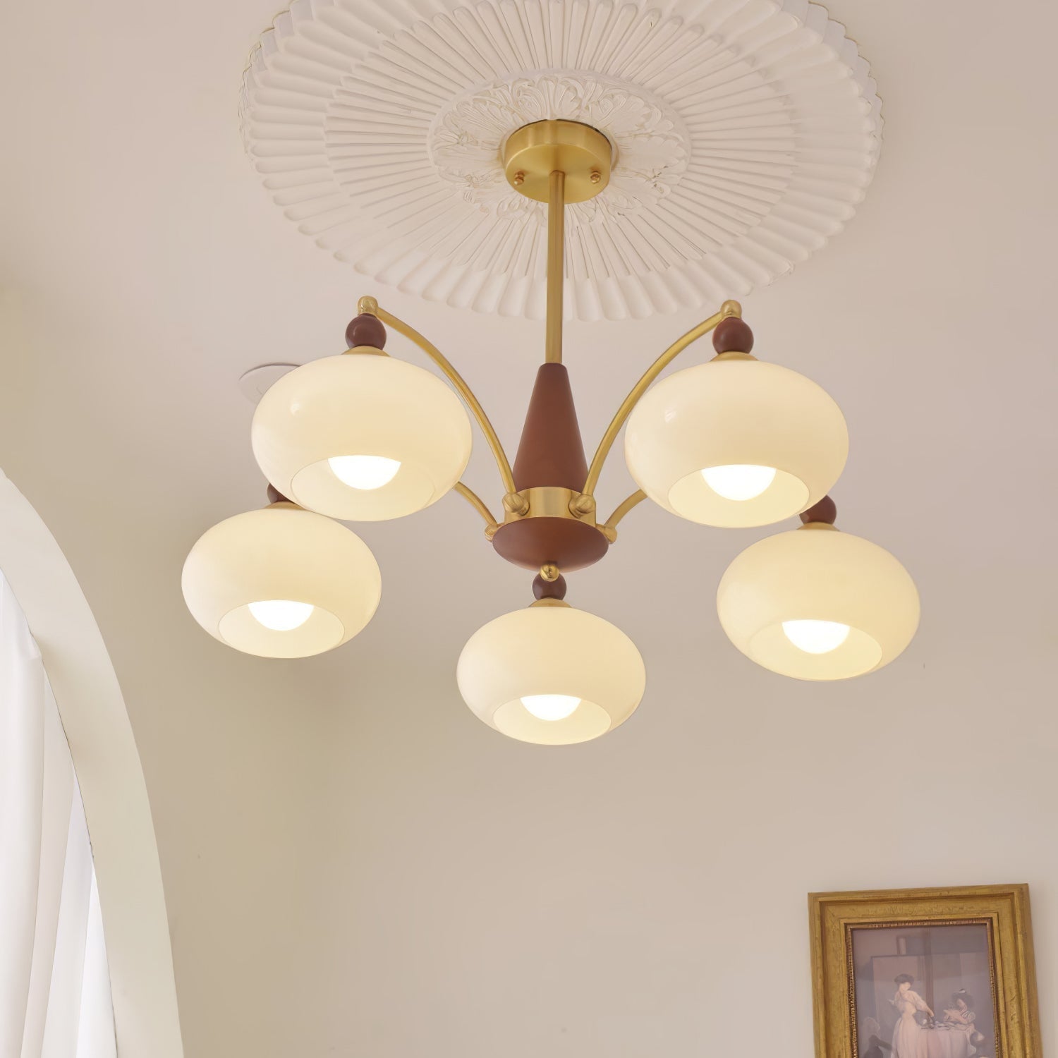 Lustra Suspension Rétro en Verre Jaune et Laiton
