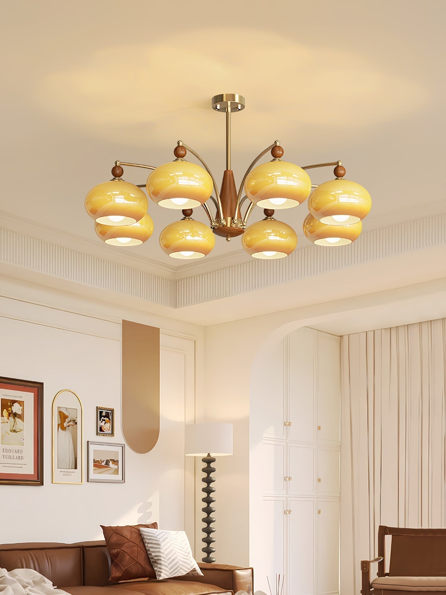 Lustra Suspension Rétro en Verre Jaune et Laiton