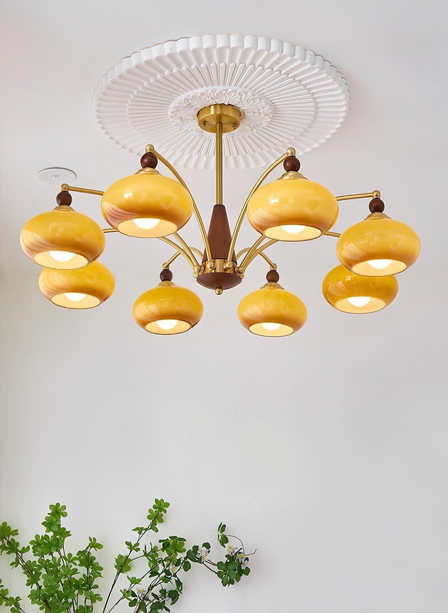 Lustra Suspension Rétro en Verre Jaune et Laiton
