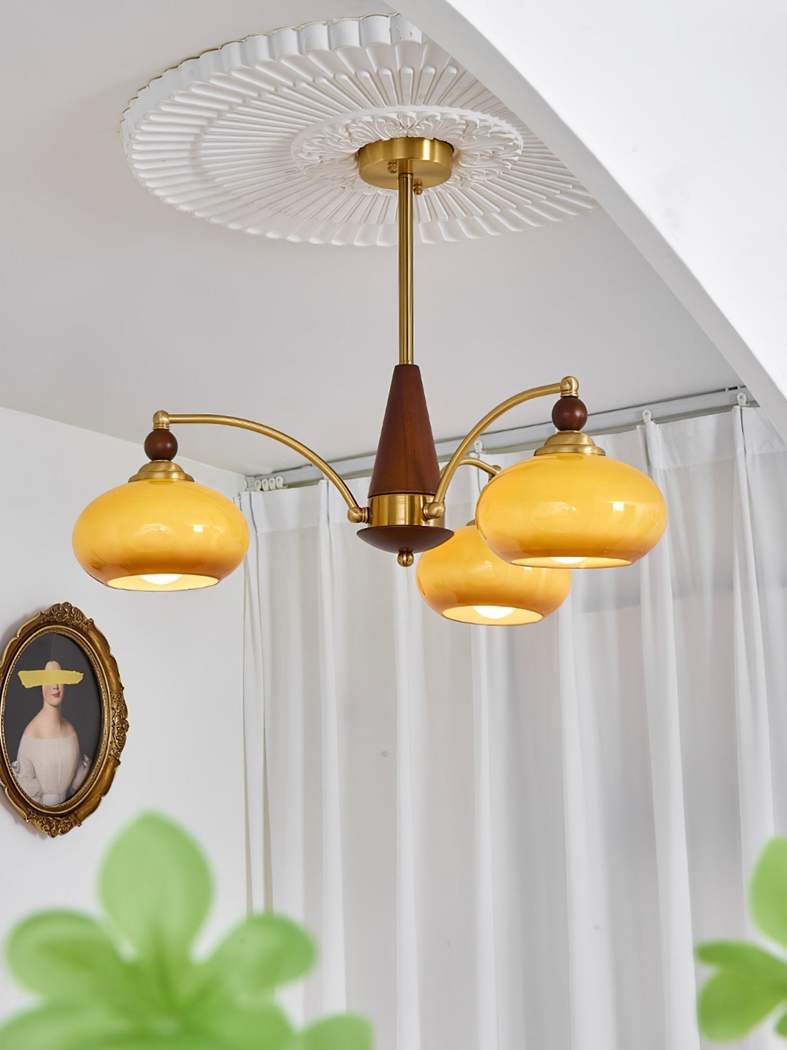 Lustra Suspension Rétro en Verre Jaune et Laiton