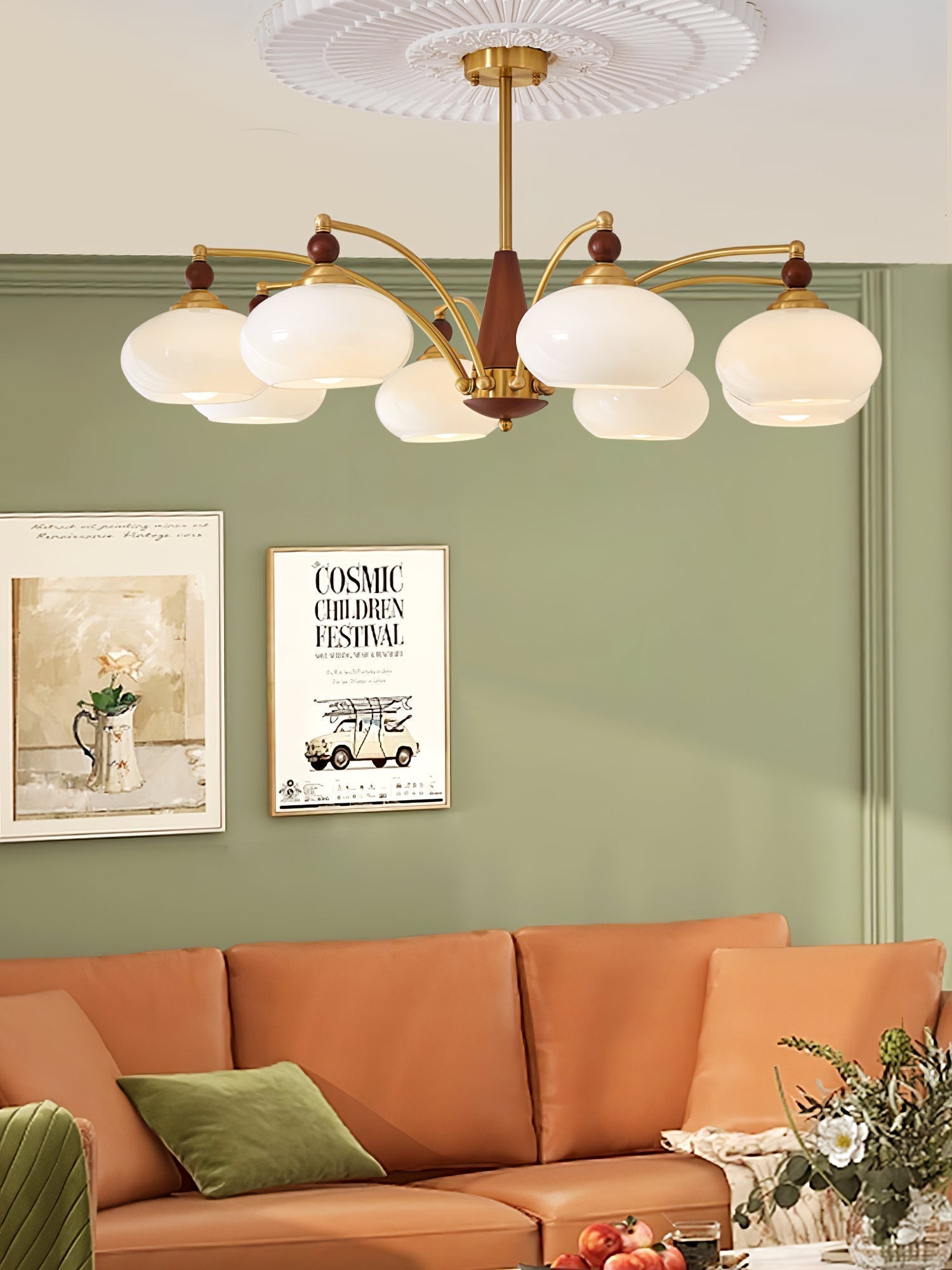 Lustra Suspension Rétro en Verre Jaune et Laiton