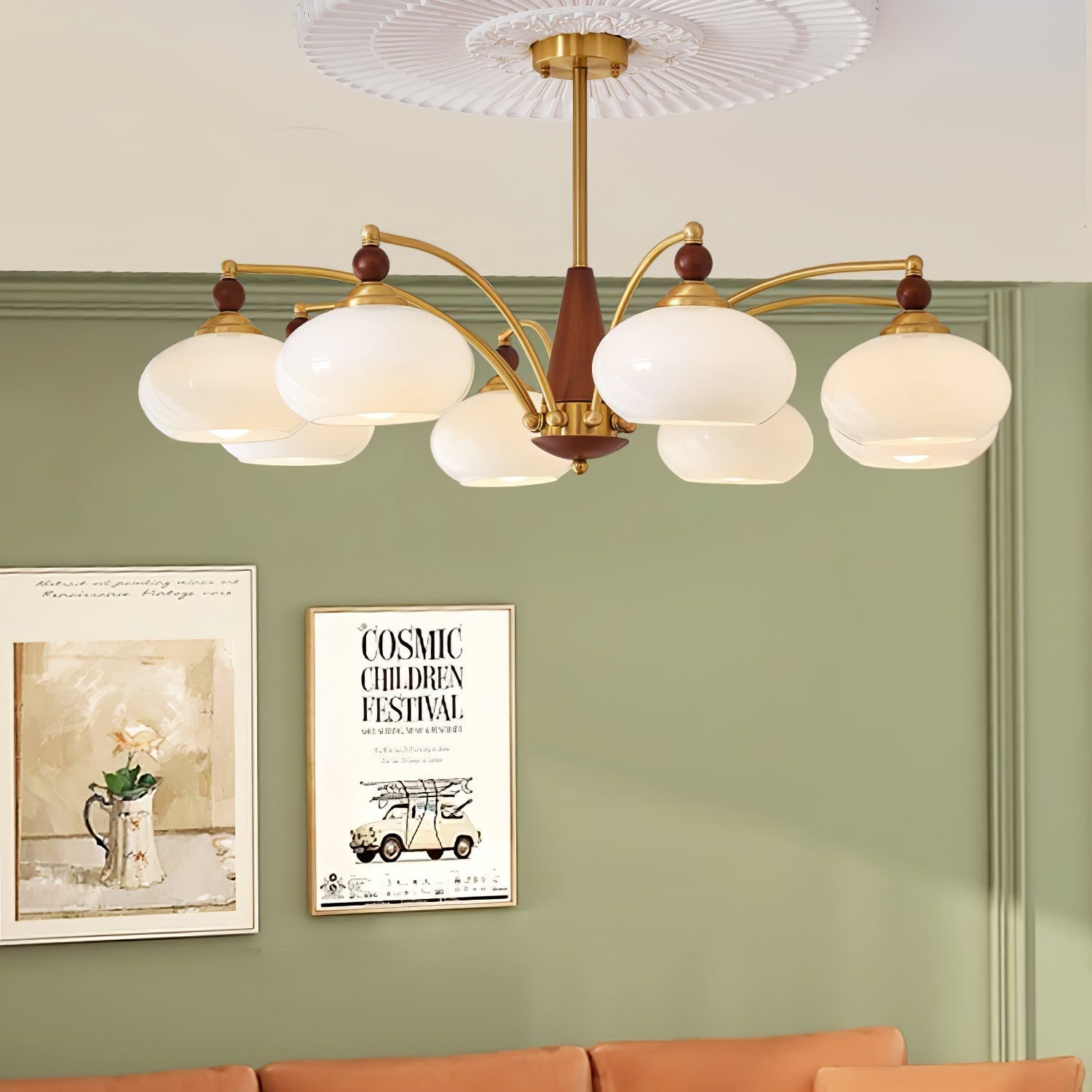 Lustra Suspension Rétro en Verre Jaune et Laiton