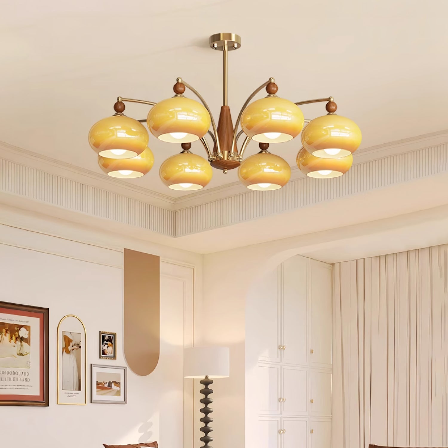 Lustra Suspension Rétro en Verre Jaune et Laiton
