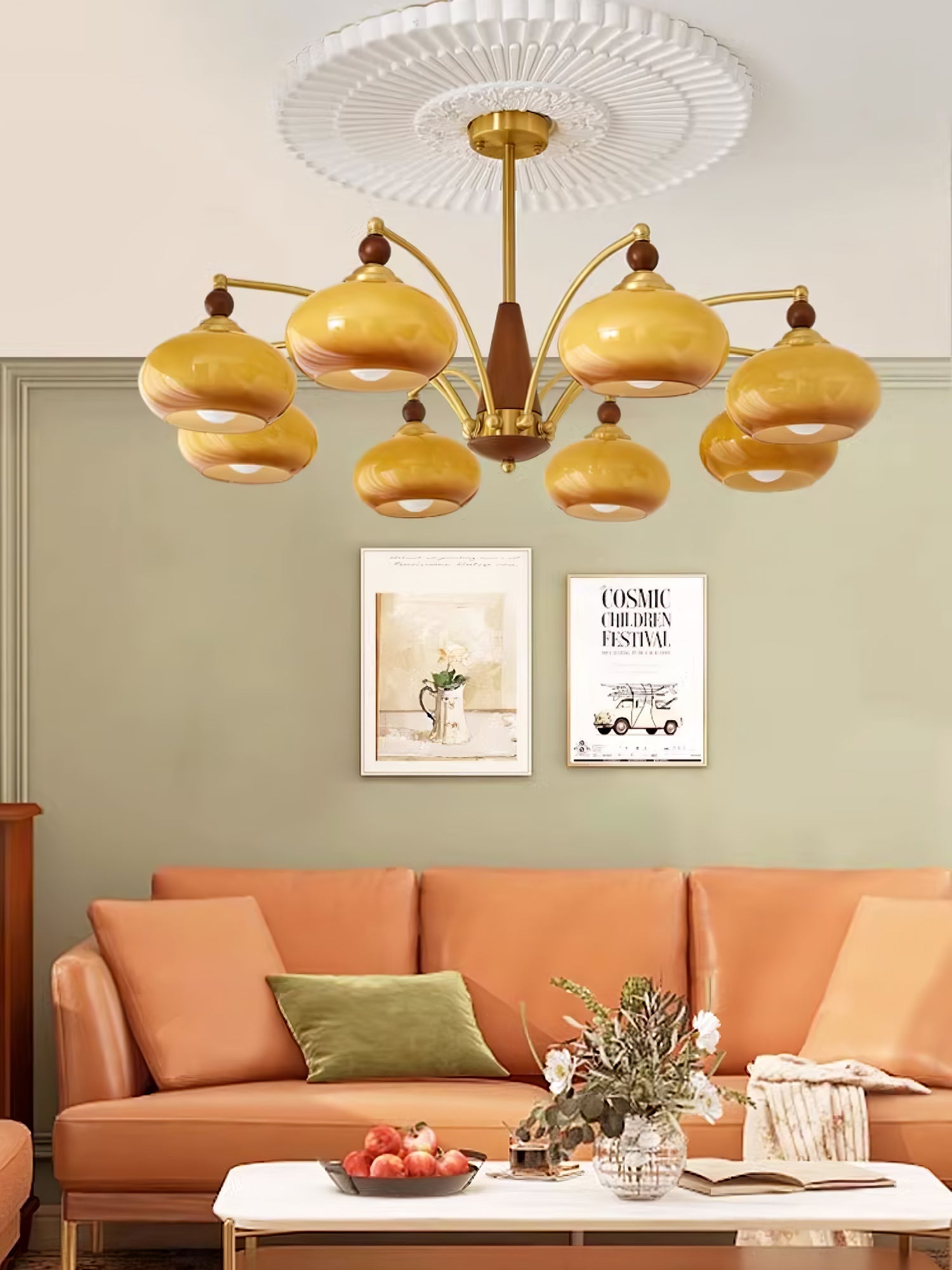 Lustra Suspension Rétro en Verre Jaune et Laiton